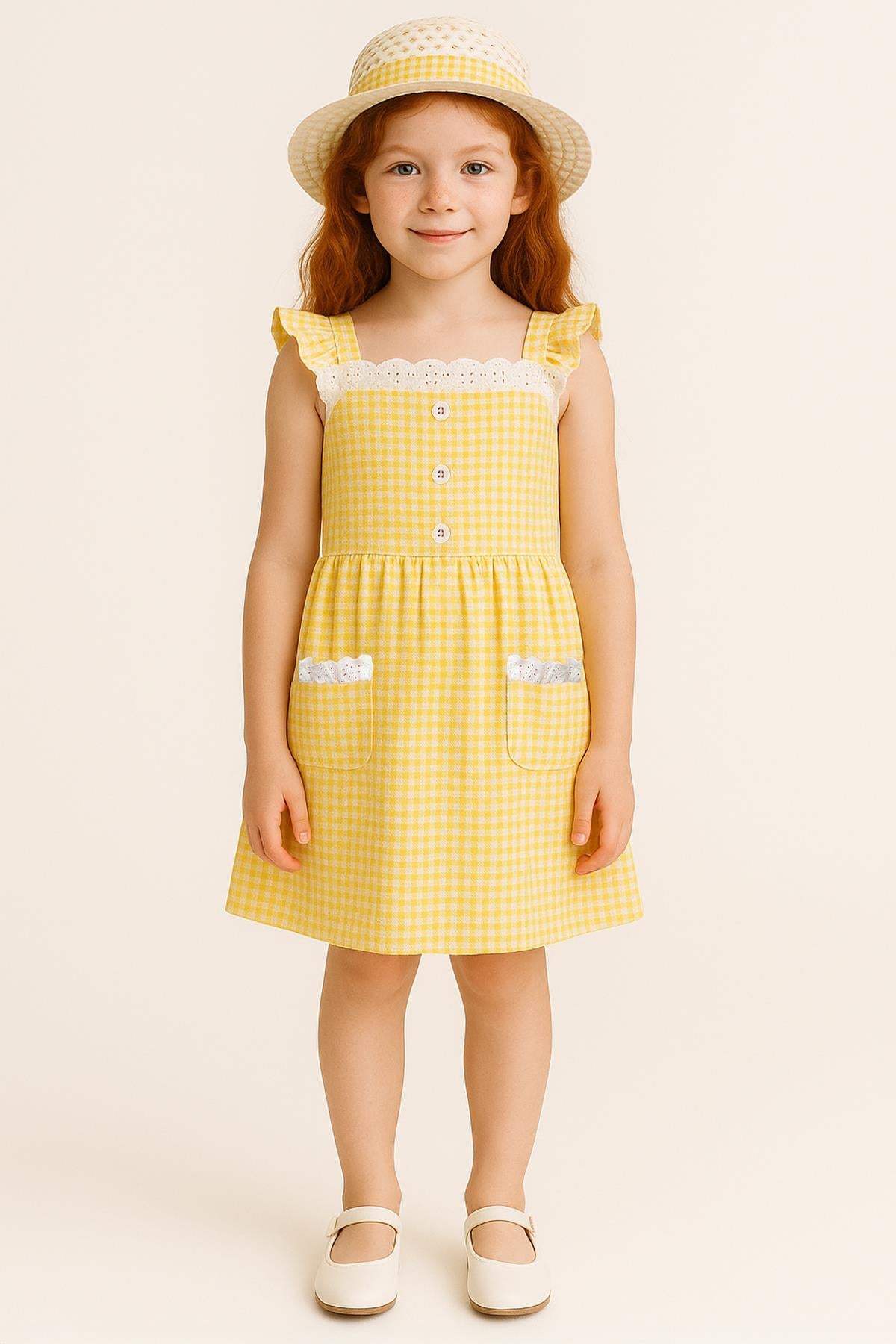 Kız Çocuk Pitikare Desenli Şapkalı Elbise Sarı - Pamuk Penye Astarlı