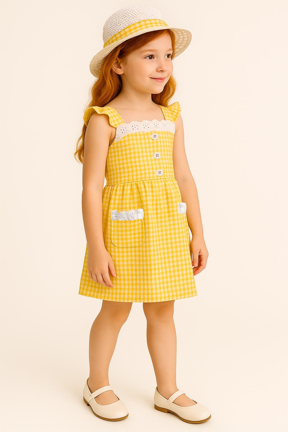 Kız Çocuk Pitikare Desenli Şapkalı Elbise Sarı - Pamuk Penye Astarlı