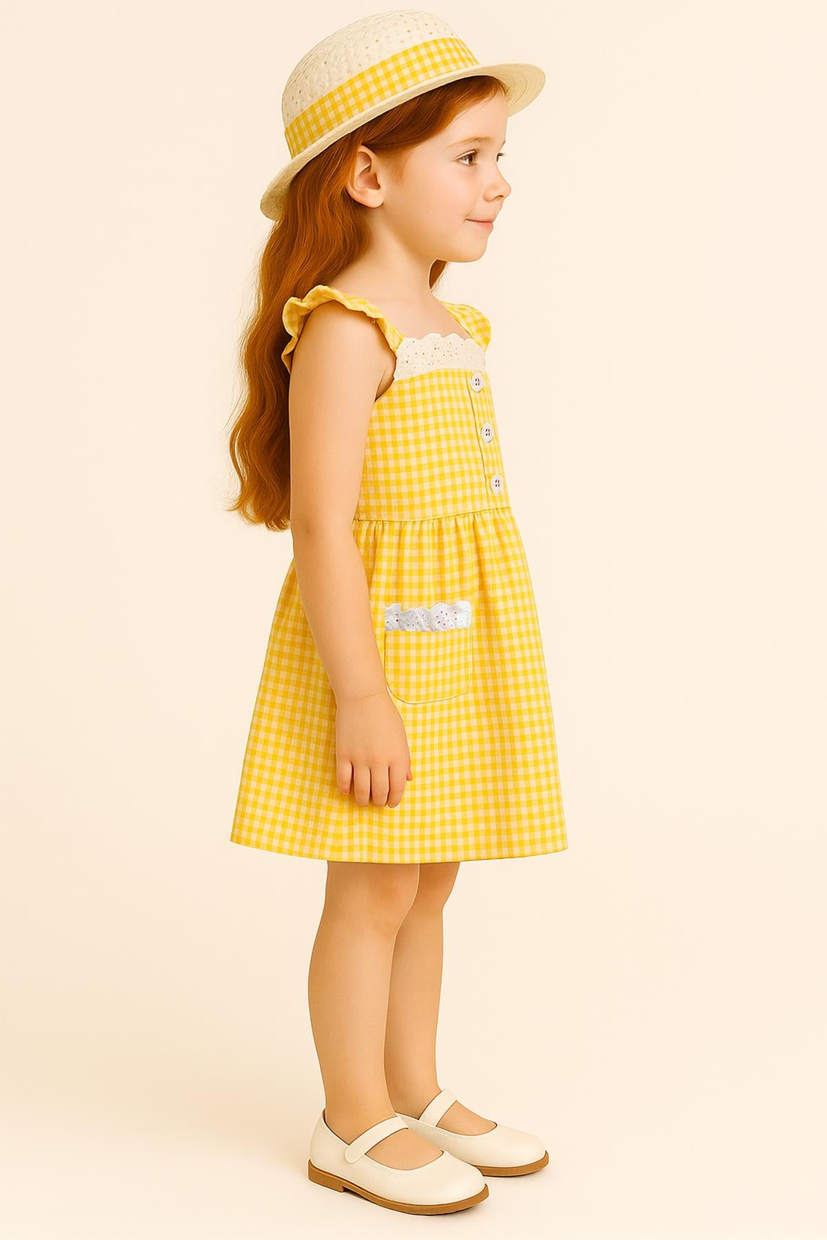 Kız Çocuk Pitikare Desenli Şapkalı Elbise Sarı - Pamuk Penye Astarlı