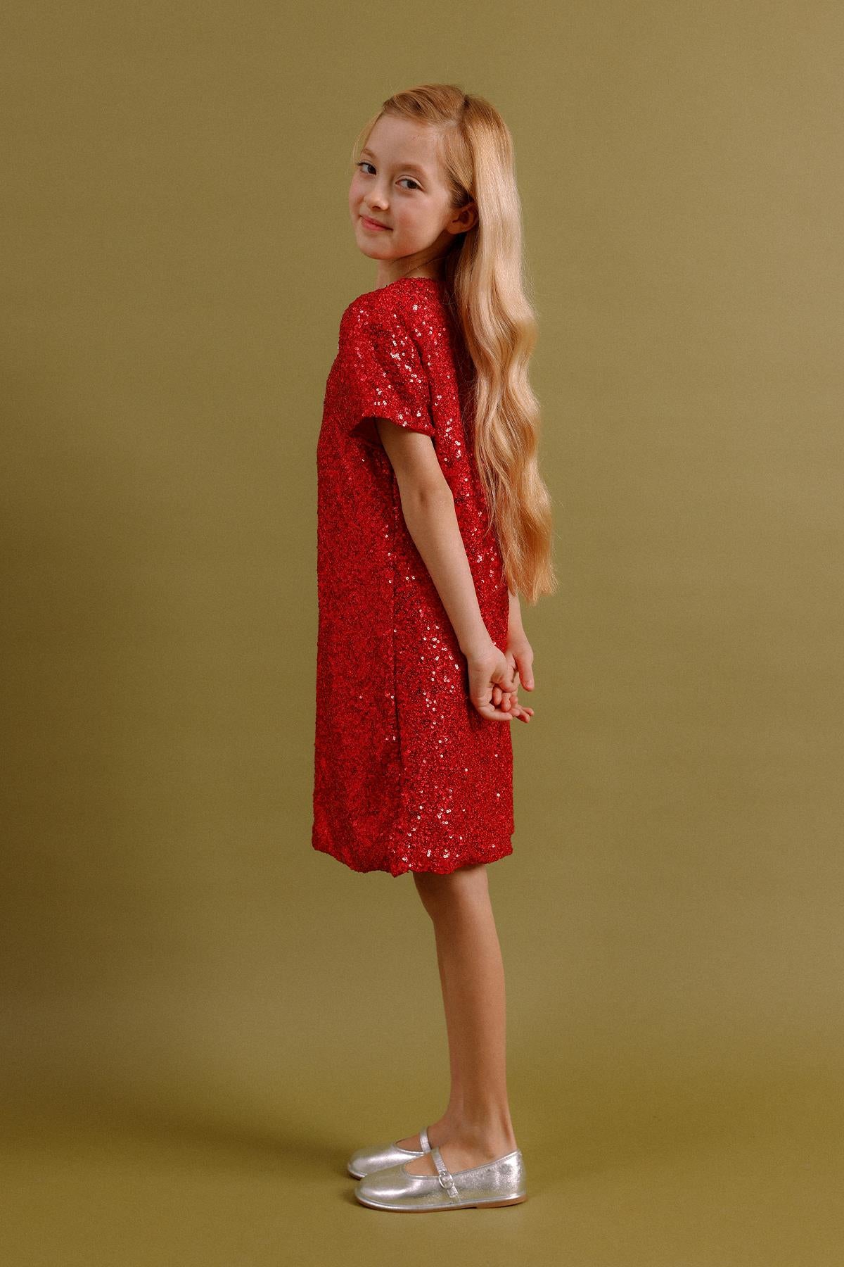 Kız Çocuk Pul Payetli Elbise – Broş Hediyeli Özel Gün Bayramlık Elbise