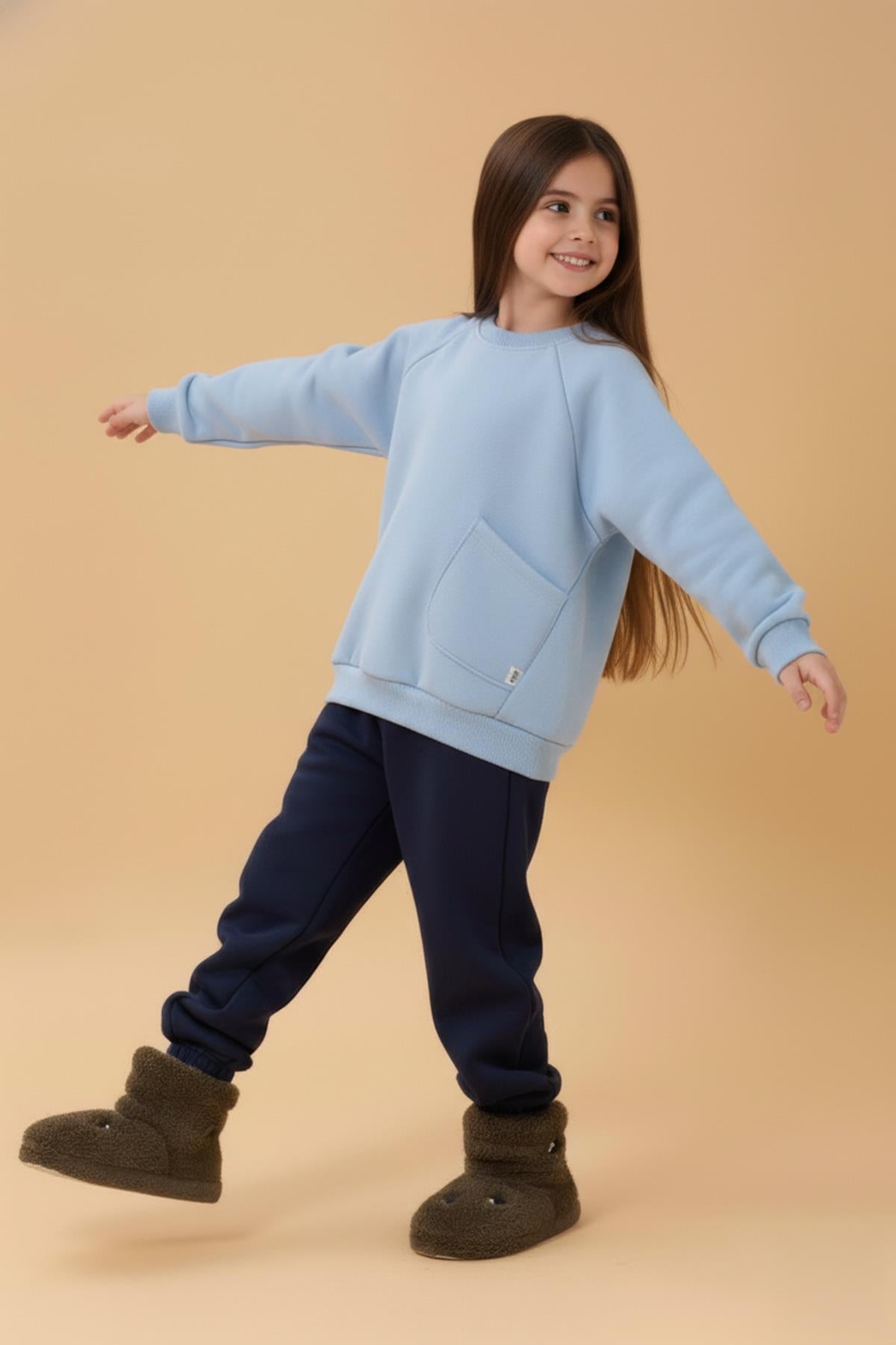 Kız Çocuk Rahat Kalıp Cep Detaylı 2’li içi polarlı Sweatshirt