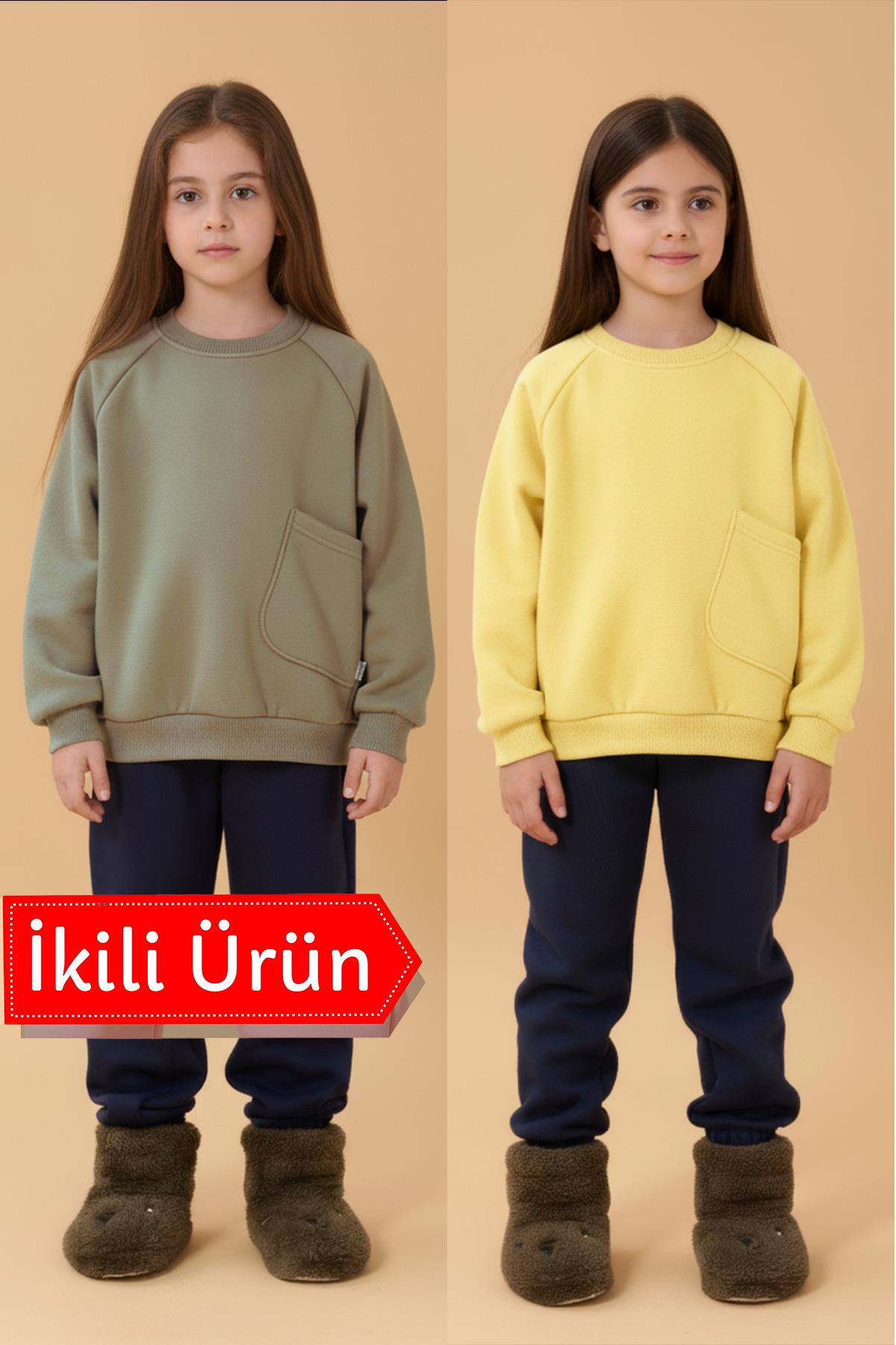 Kız Çocuk Rahat Kalıp Cep Detaylı 2’li içi polarlı Sweatshirt – Sarı & Çağla