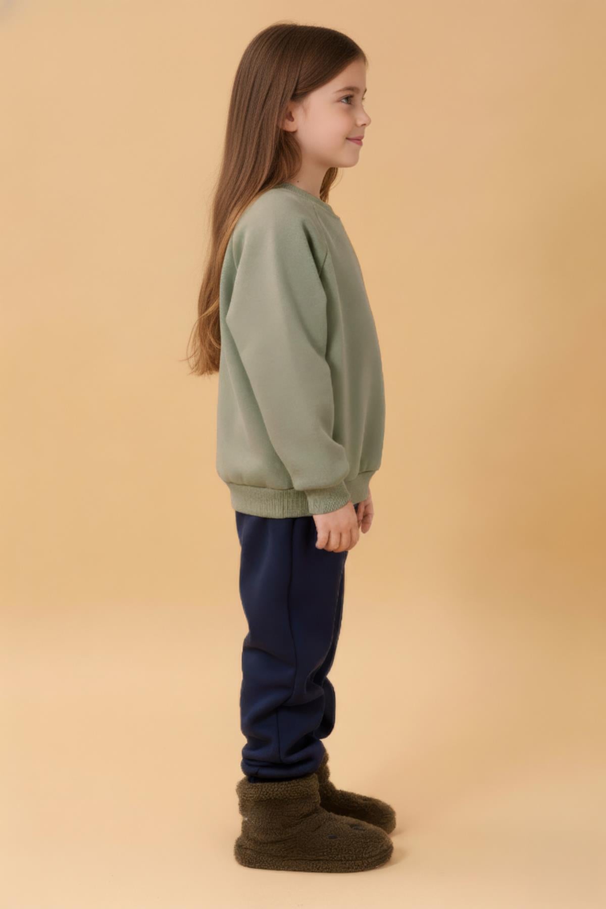 Kız Çocuk Rahat Kalıp Cep Detaylı 2’li içi polarlı Sweatshirt – Sarı & Çağla