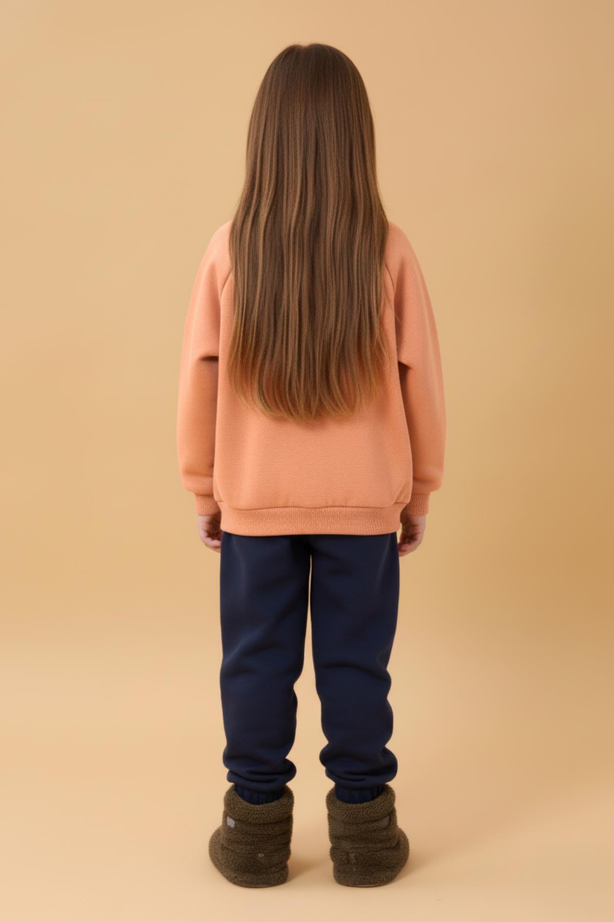 Kız Çocuk Rahat Kalıp Cep Detaylı 2’li içi polarlı Sweatshirt – Somon & Bebe Mavisi