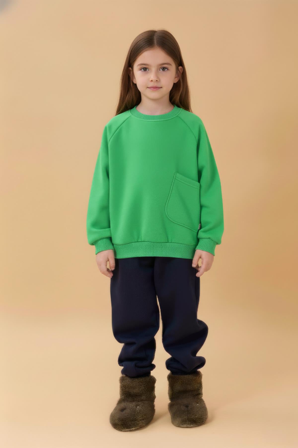 Kız Çocuk Rahat Kalıp Cep Detaylı 2’li içi polarlı Sweatshirt – Yeşil & Pembe