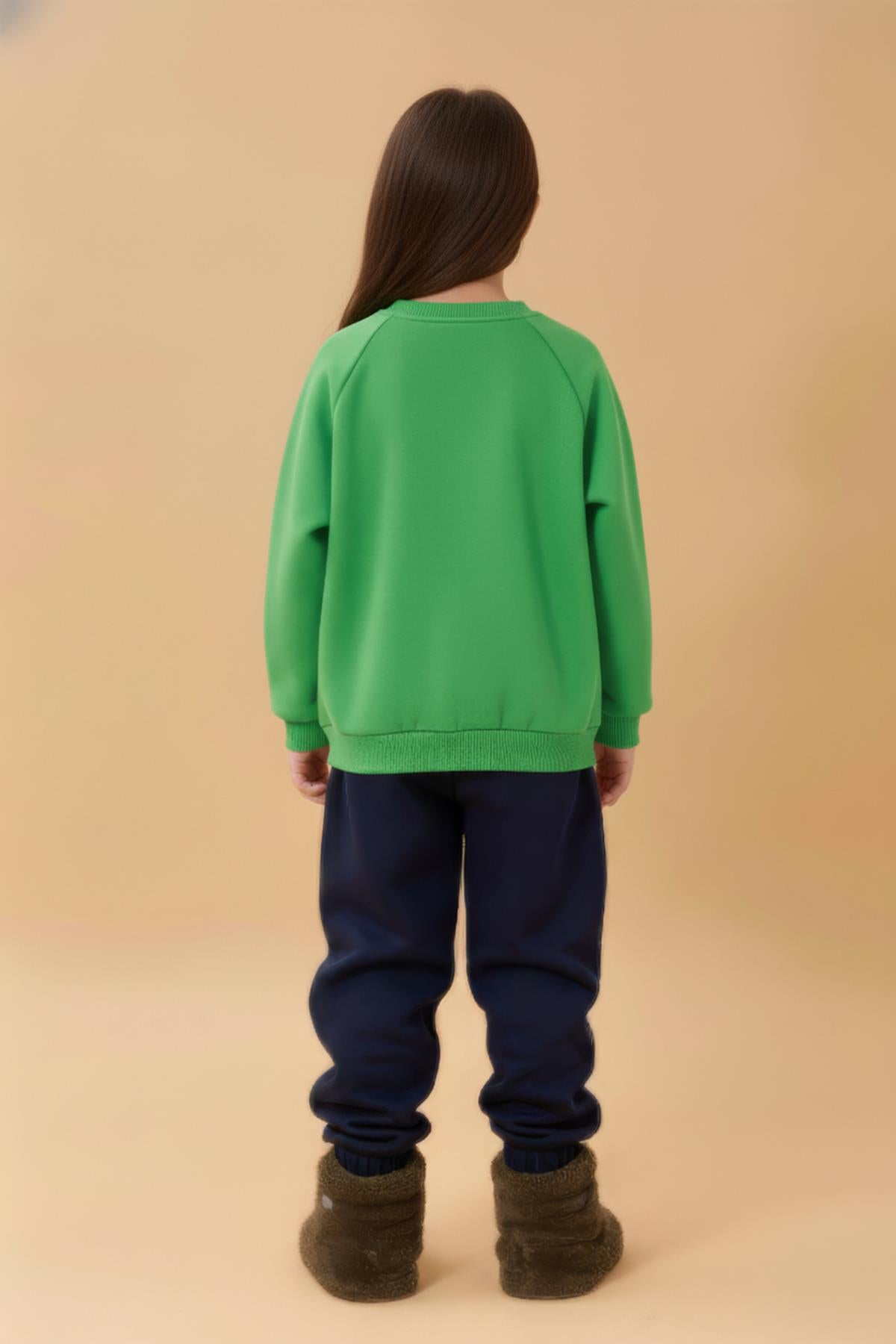 Kız Çocuk Rahat Kalıp Cep Detaylı 2’li içi polarlı Sweatshirt – Yeşil & Pembe