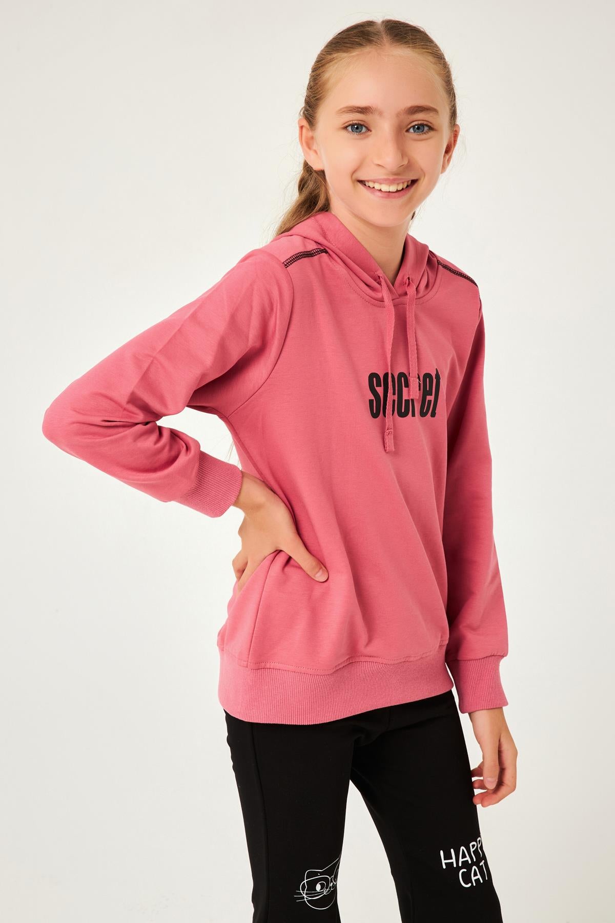 Secret Baskı Detaylı Kız Çocuk Kapüşonlu Sweatshirt Gül Kurusu - Perendi