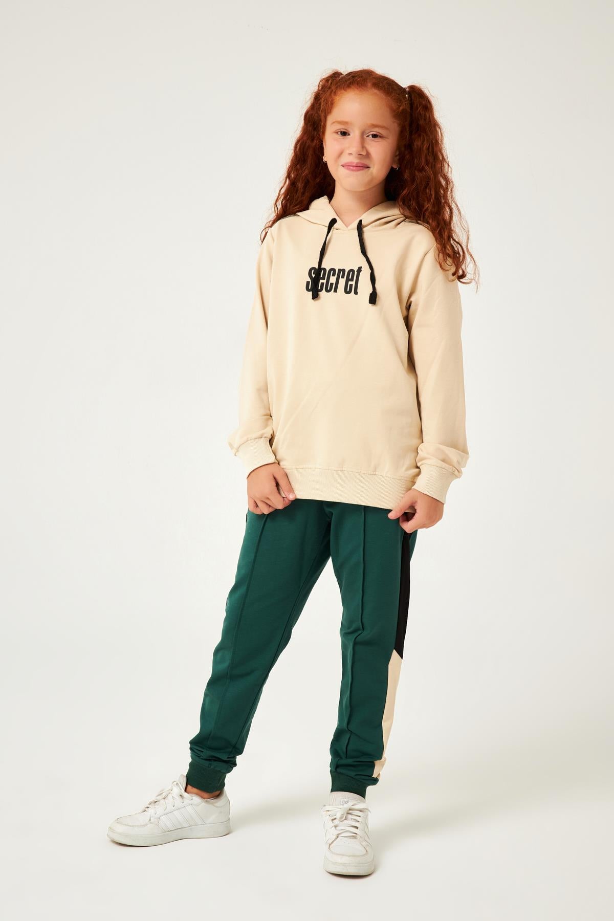 Secret Baskı Detaylı Kız Çocuk Kapüşonlu Sweatshirt Taş - Perendi