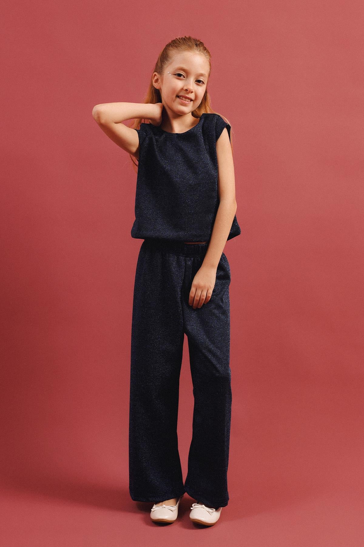 Kız Çocuk Simli Bluz Ve Bol Pantolon 2'li Takım – Özel Gün Kombini