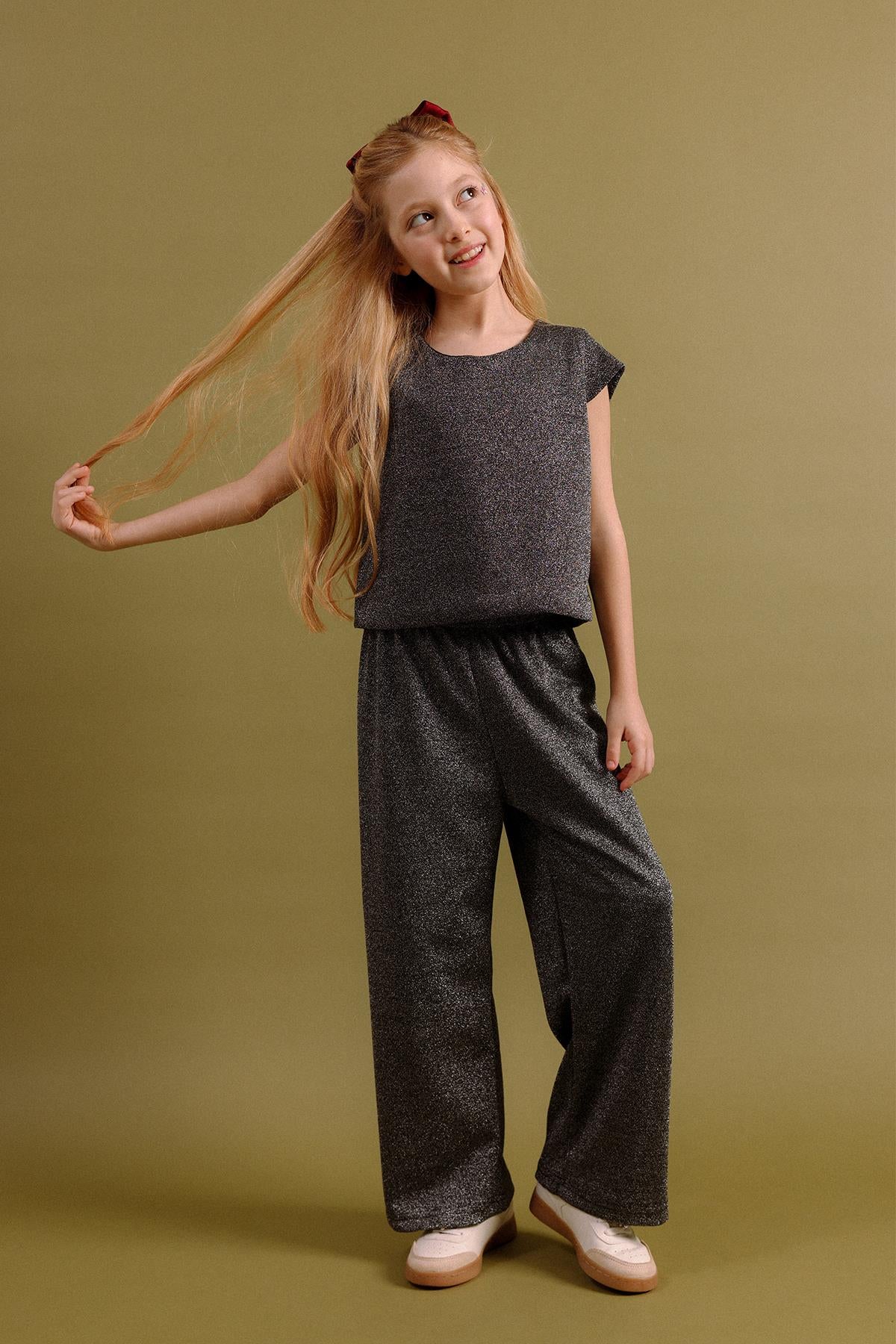 Kız Çocuk Simli Bluz Ve Bol Pantolon 2'li Takım – Özel Gün Kombini