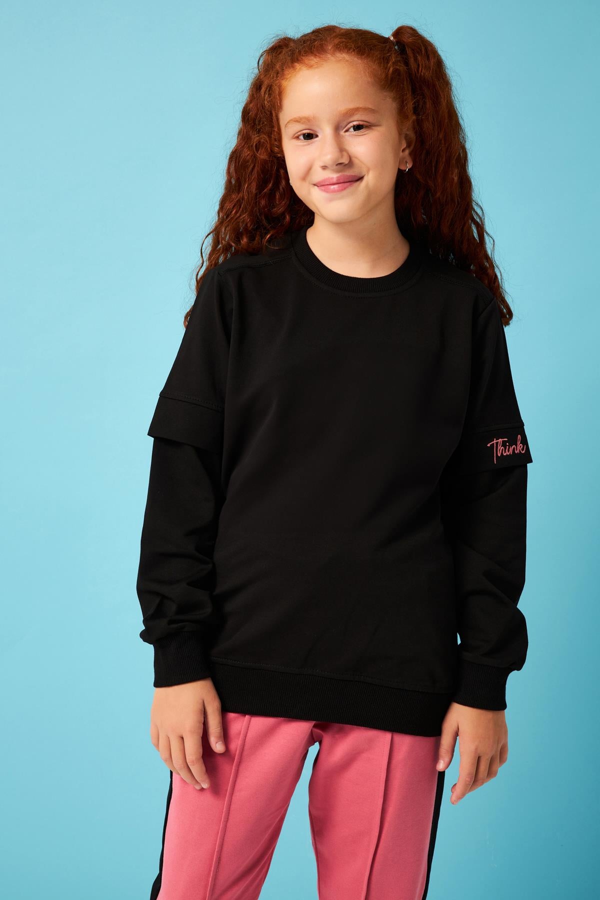 Think Positive Nakış Detaylı Kız Çocuk Sweatshirt Siyah - Perendi