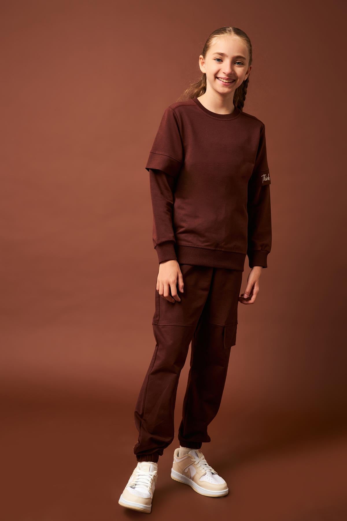 Think Positive Nakış Detaylı Kız Çocuk Sweatshirt Kahverengi - Perendi