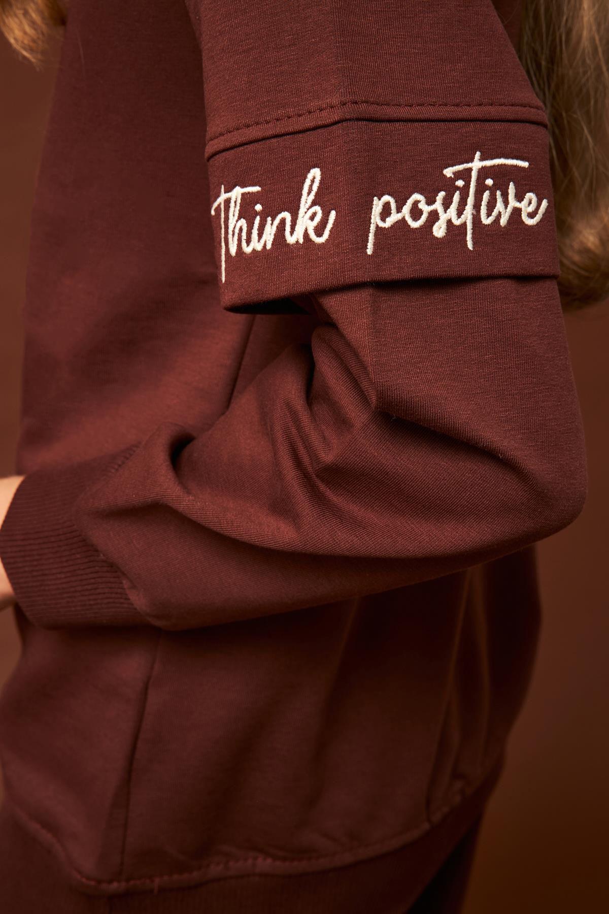 Think Positive Nakış Detaylı Kız Çocuk Sweatshirt Kahverengi - Perendi