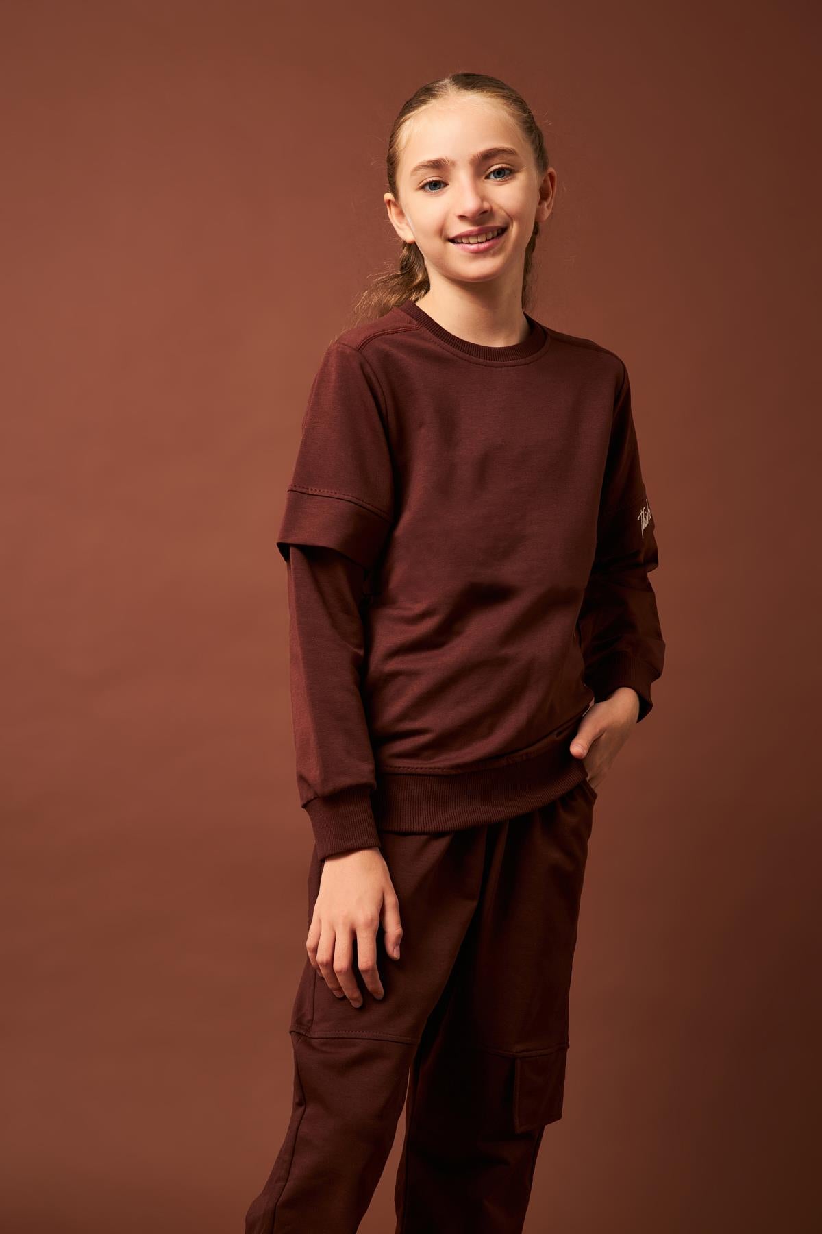 Think Positive Nakış Detaylı Kız Çocuk Sweatshirt Kahverengi - Perendi