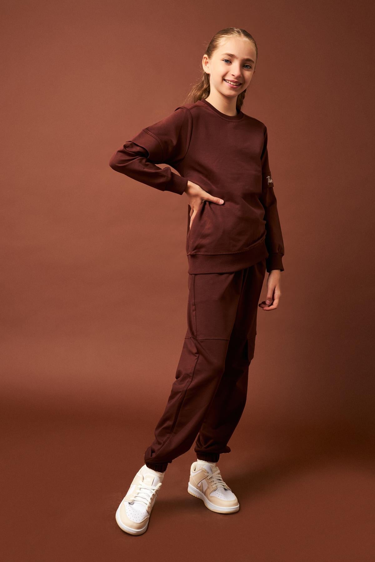 Think Positive Nakış Detaylı Kız Çocuk Sweatshirt Kahverengi - Perendi