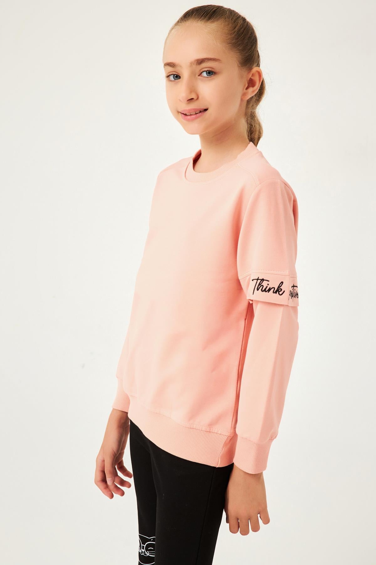 Think Positive Nakış Detaylı Kız Çocuk Sweatshirt Yavruağzı - Perendi
