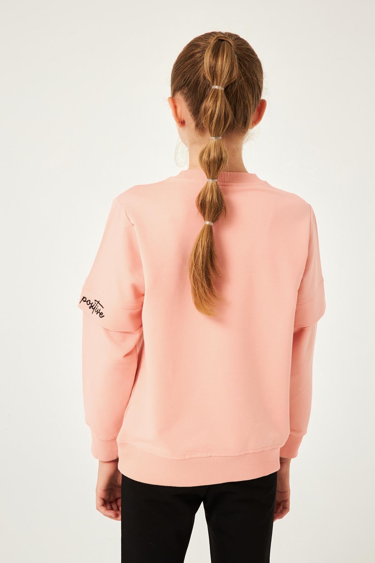 Think Positive Nakış Detaylı Kız Çocuk Sweatshirt Yavruağzı - Perendi