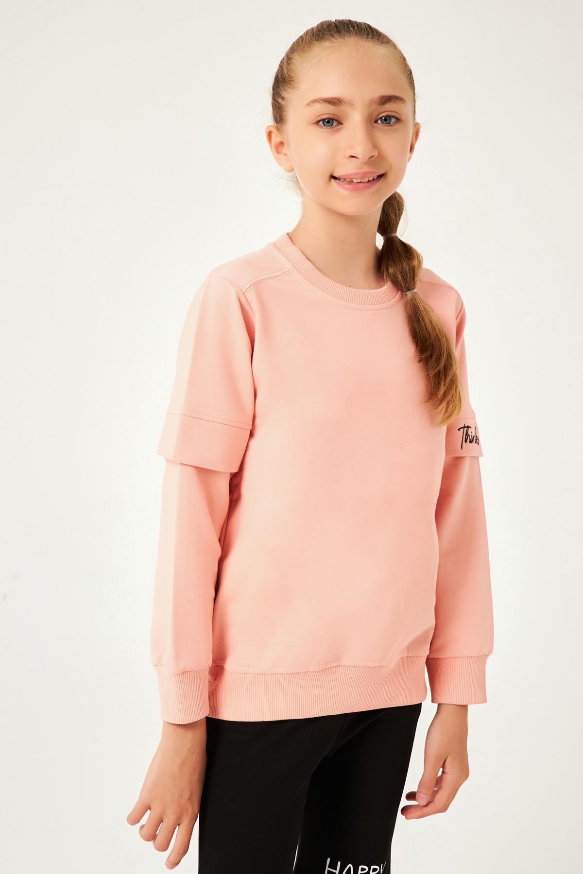 Think Positive Nakış Detaylı Kız Çocuk Sweatshirt Yavruağzı - Perendi