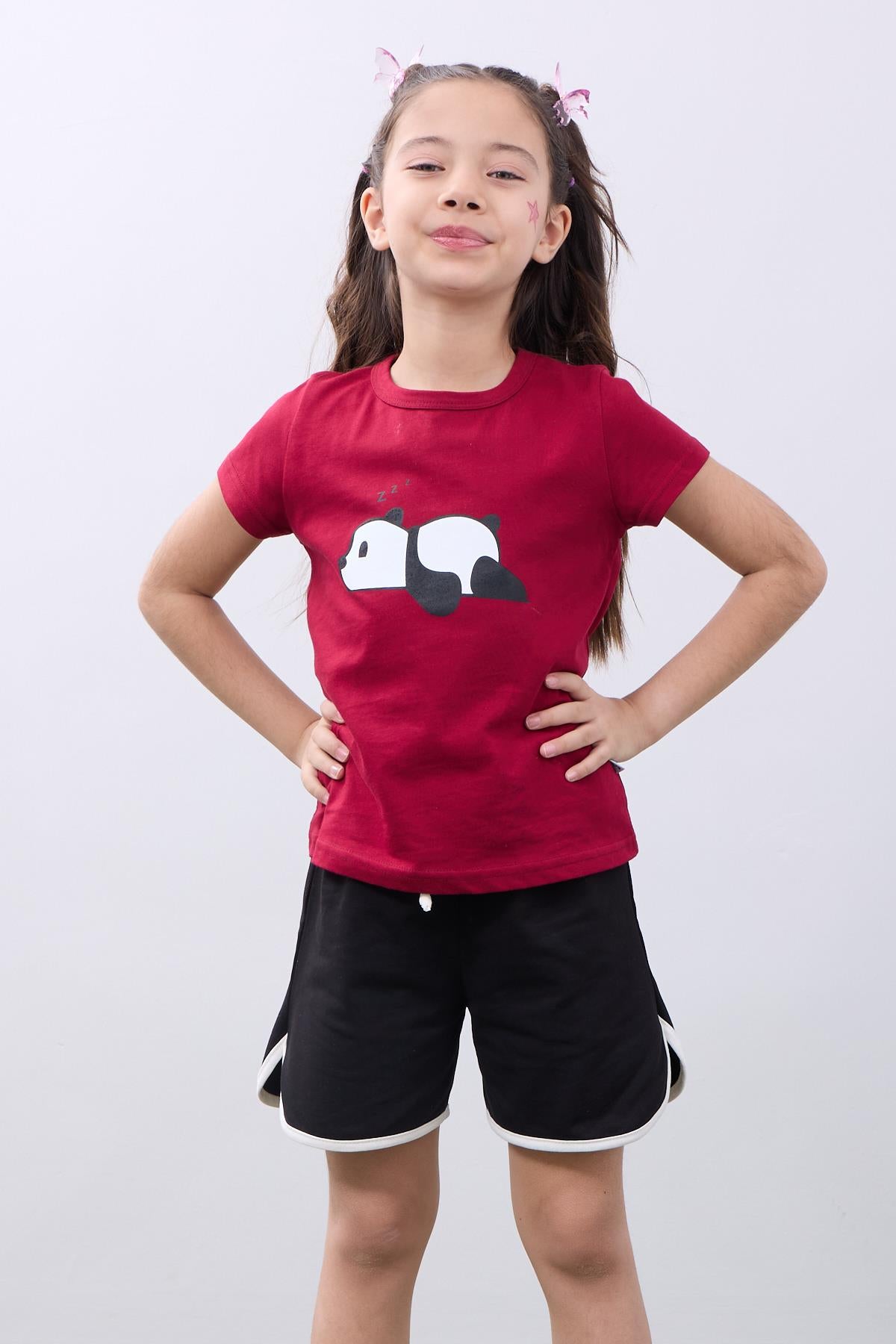 Kız Çocuk Vişne Panda Baskılı Kısa Kollu Tişört ve Siyah Şort Takımı - Perendi