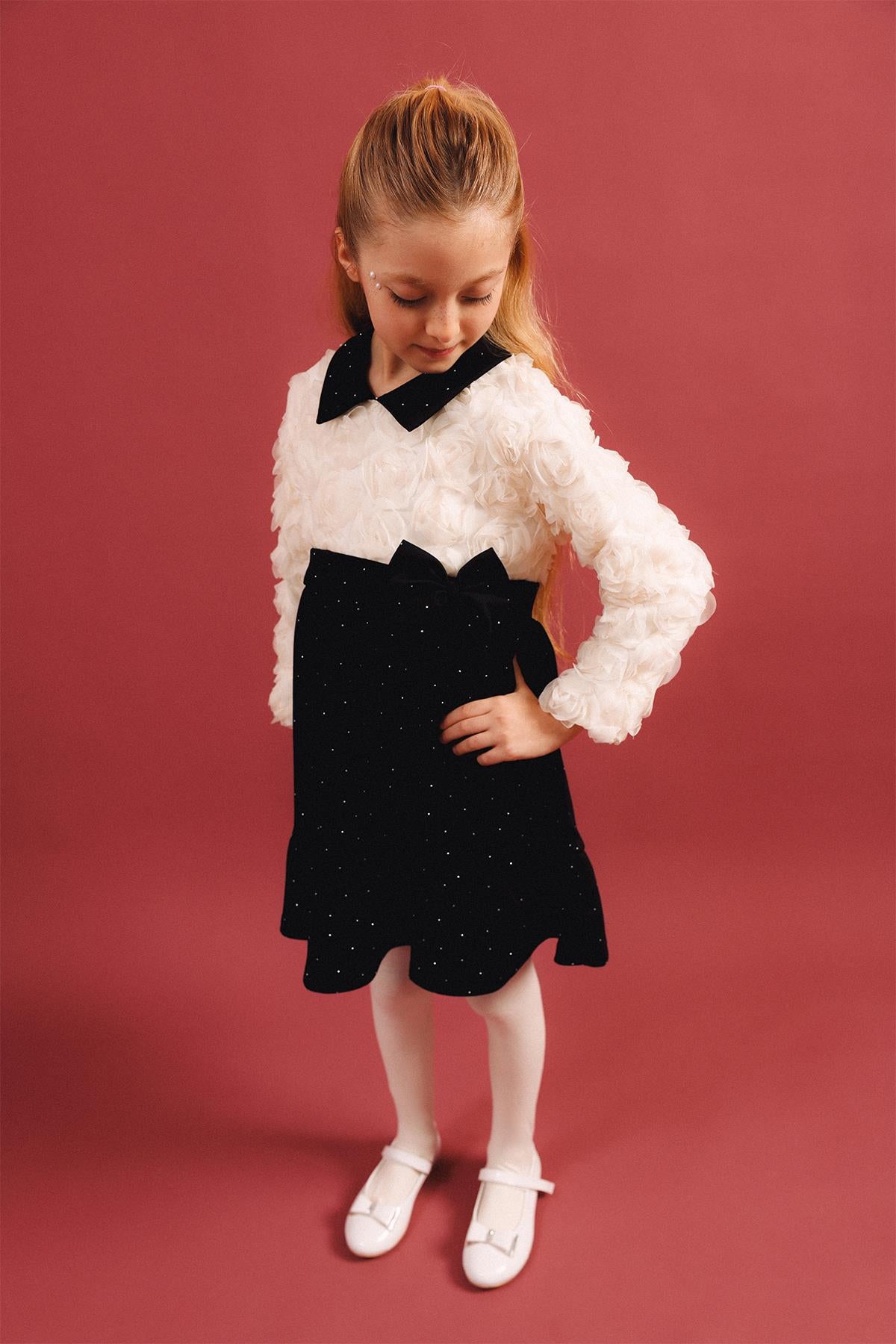 Kız Çocuk Yakalı Gül Dokulu Pamuk Astarlı Özel Gün Elbisesi