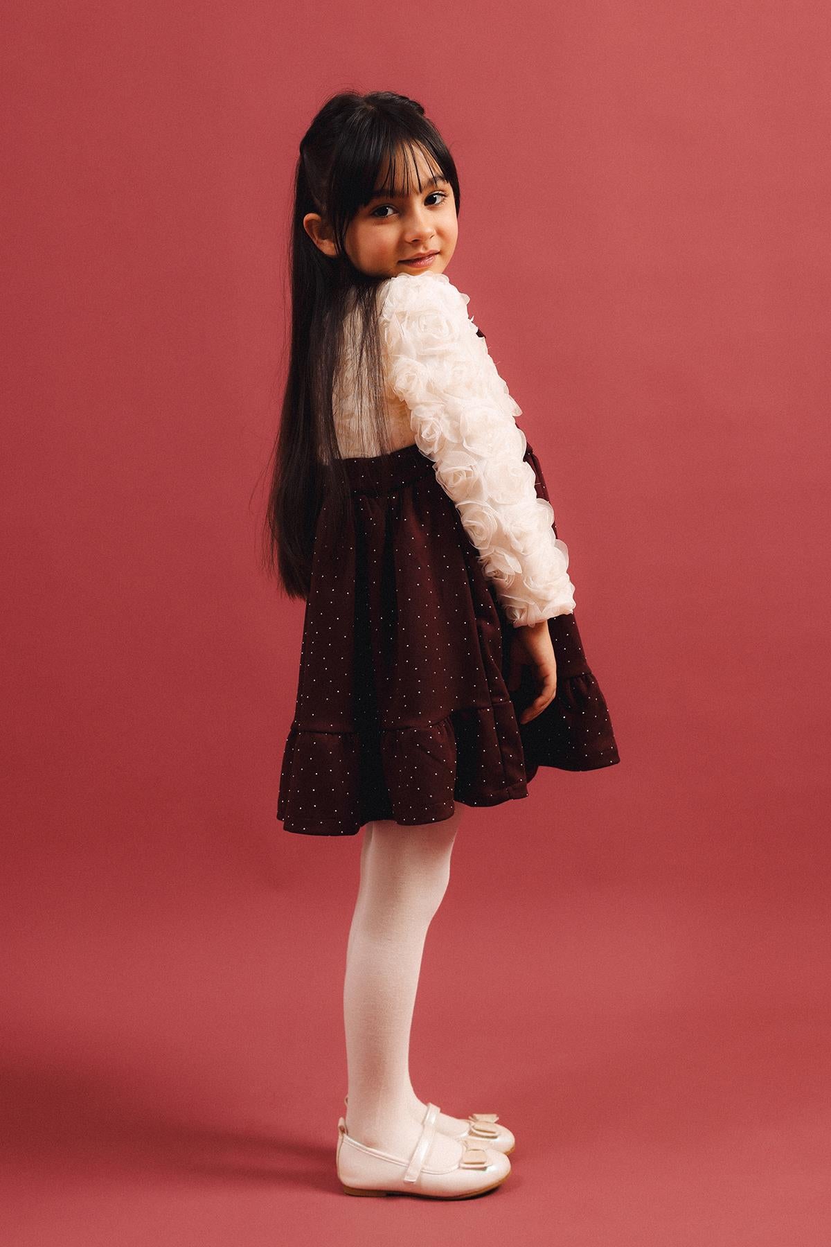 Kız Çocuk Yakalı Gül Dokulu Pamuk Astarlı Özel Gün Elbisesi