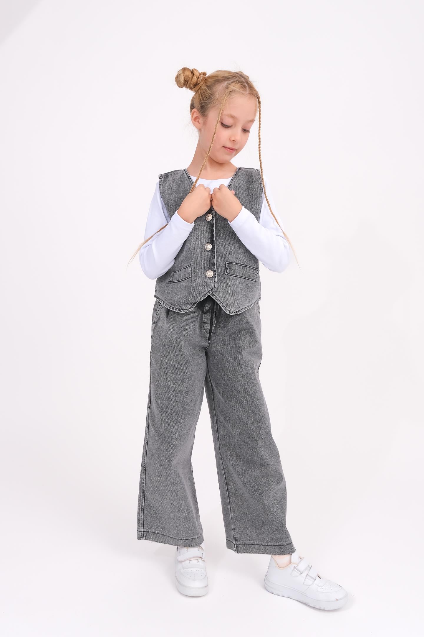 Kız Çocuk Yelek Ve Geniş Paça Pantolon Kot Takım - Antrasit