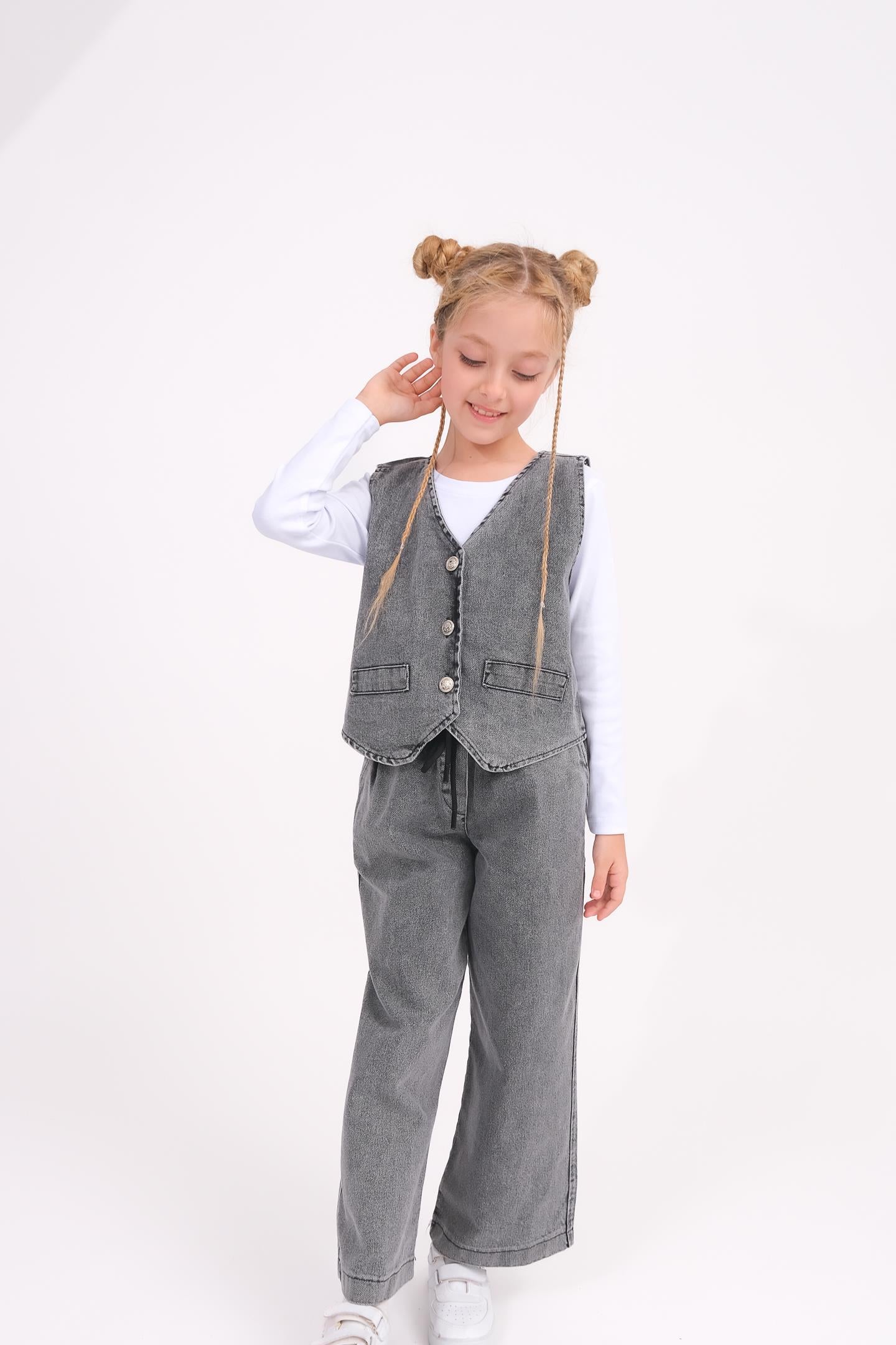 Kız Çocuk Yelek Ve Geniş Paça Pantolon Kot Takım - Antrasit