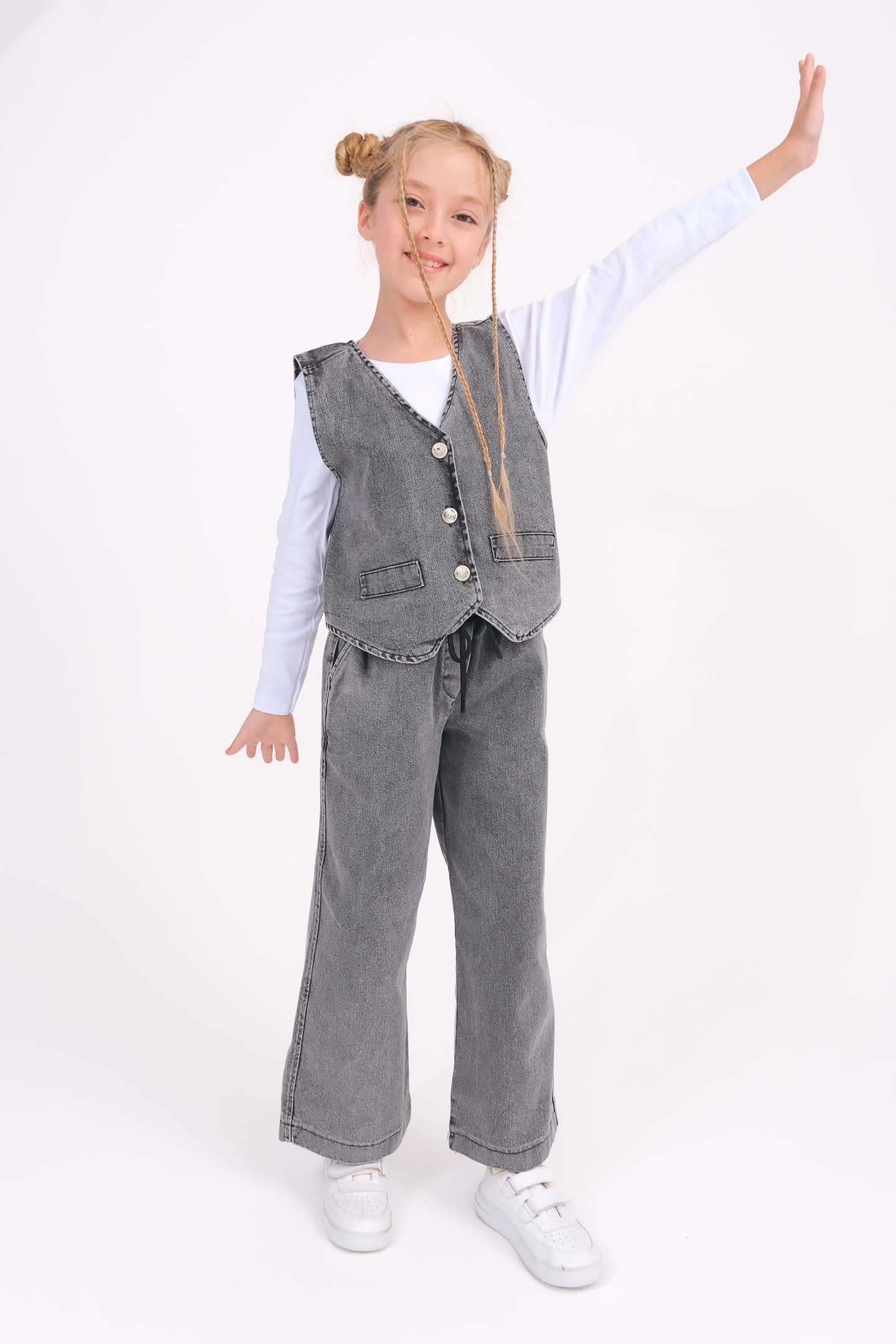 Kız Çocuk Yelek Ve Geniş Paça Pantolon Kot Takım - Antrasit