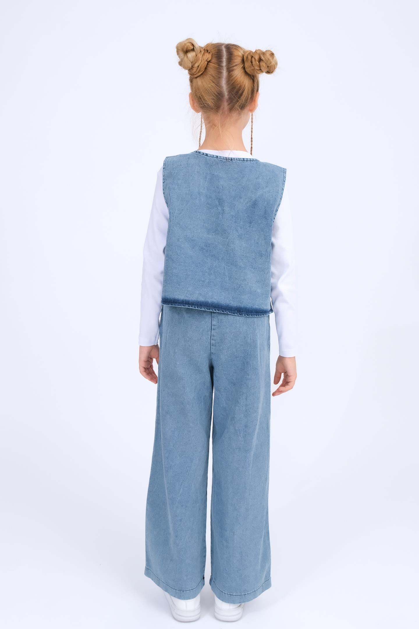 Kız Çocuk Yelek Ve Geniş Paça Pantolon Kot Takım - Mavi