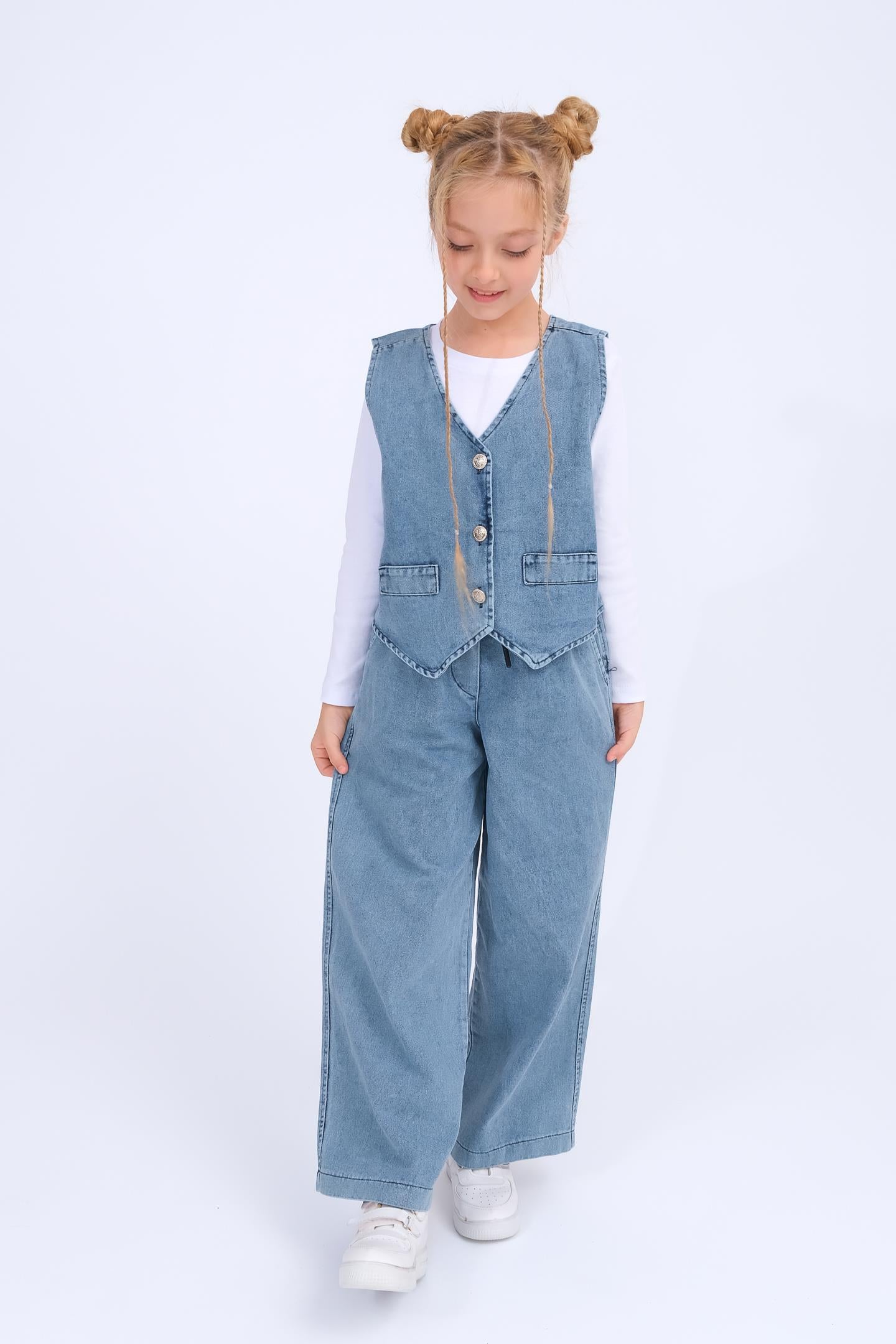 Kız Çocuk Yelek Ve Geniş Paça Pantolon Kot Takım - Mavi