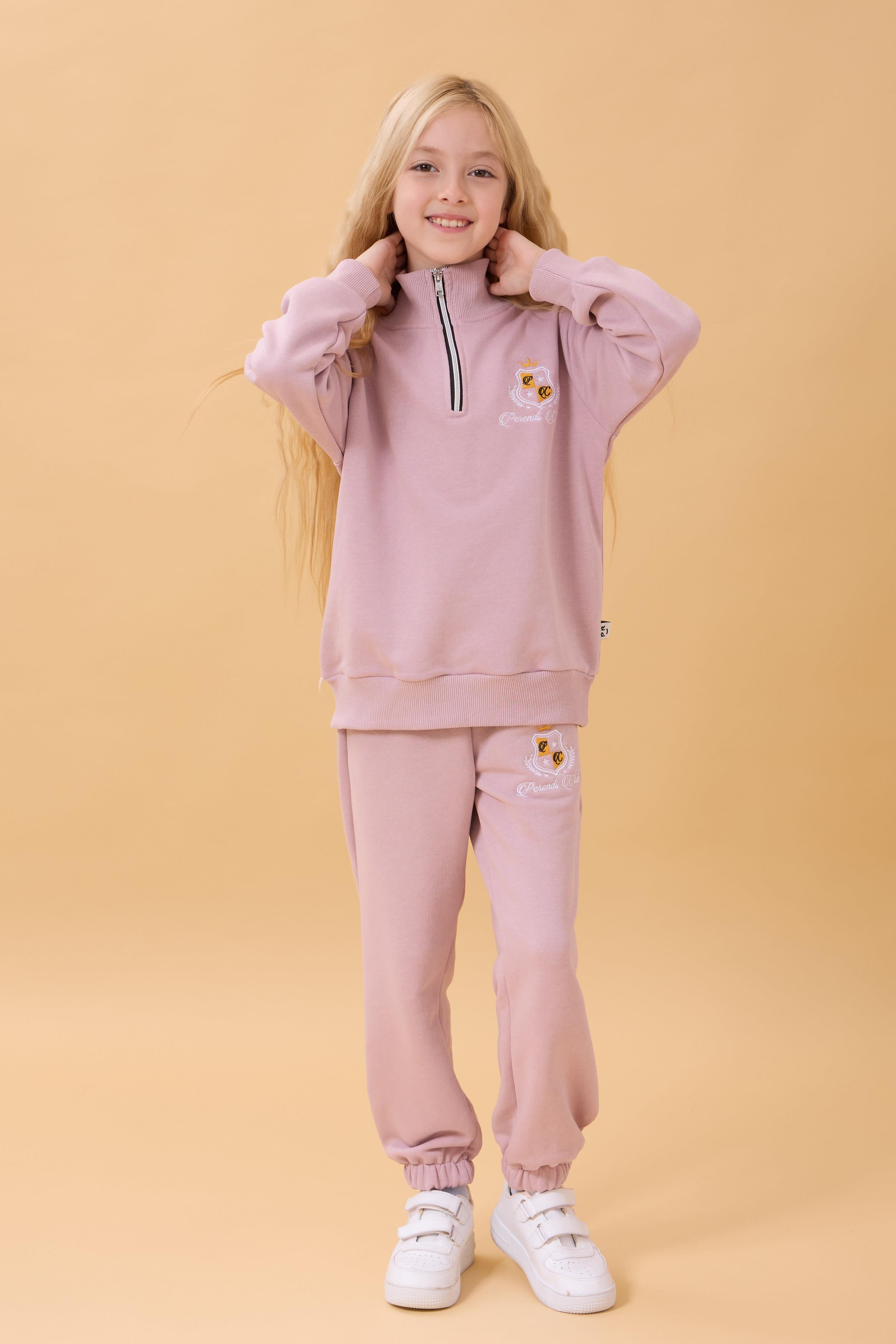 Kız Çocuk Yüksek Yaka Fermuarlı Nakış Detaylı Mevsimlik Eşofman Takımı