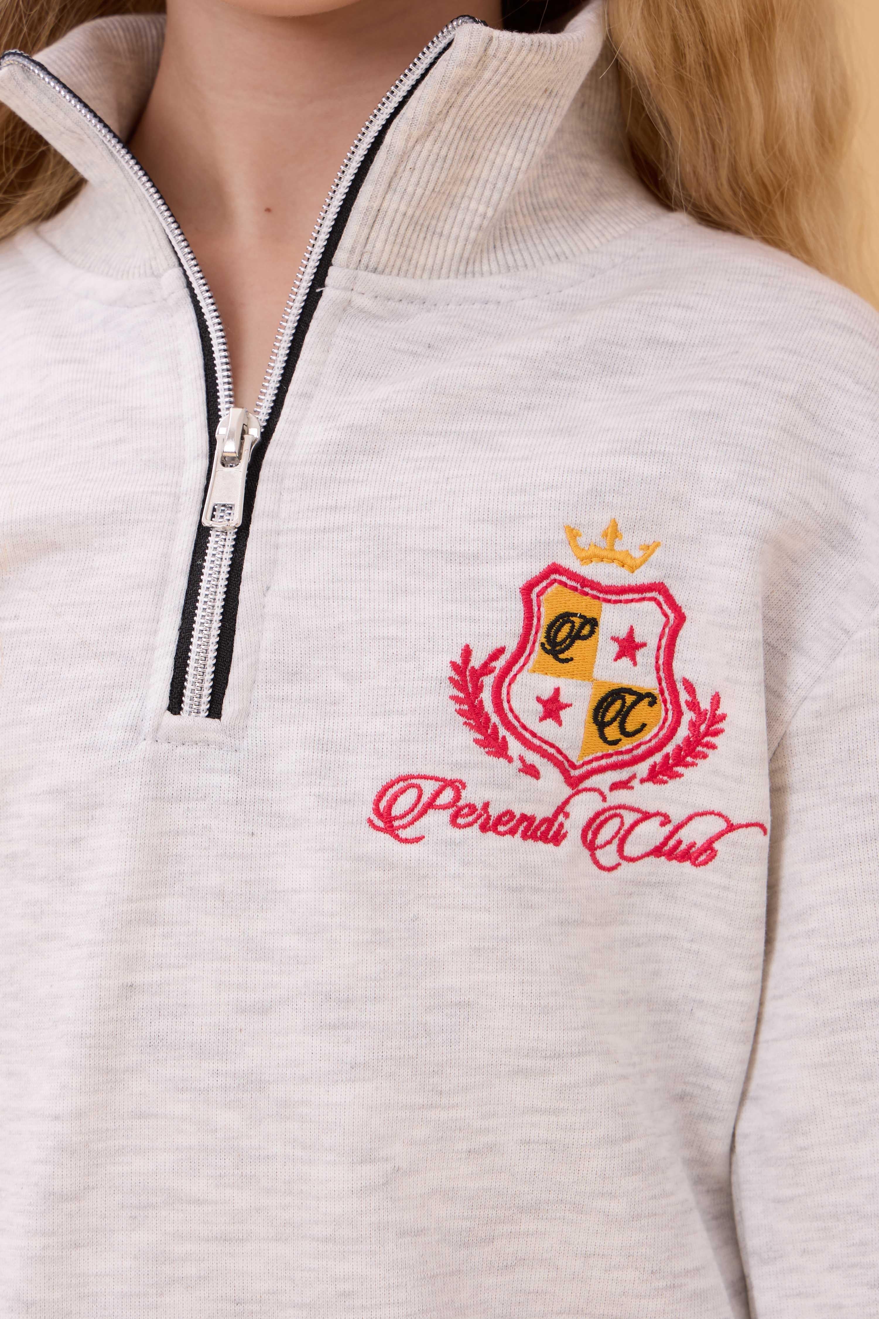 Kız Çocuk Yüksek Yaka Fermuarlı Nakış Detaylı Mevsimlik Eşofman Takımı