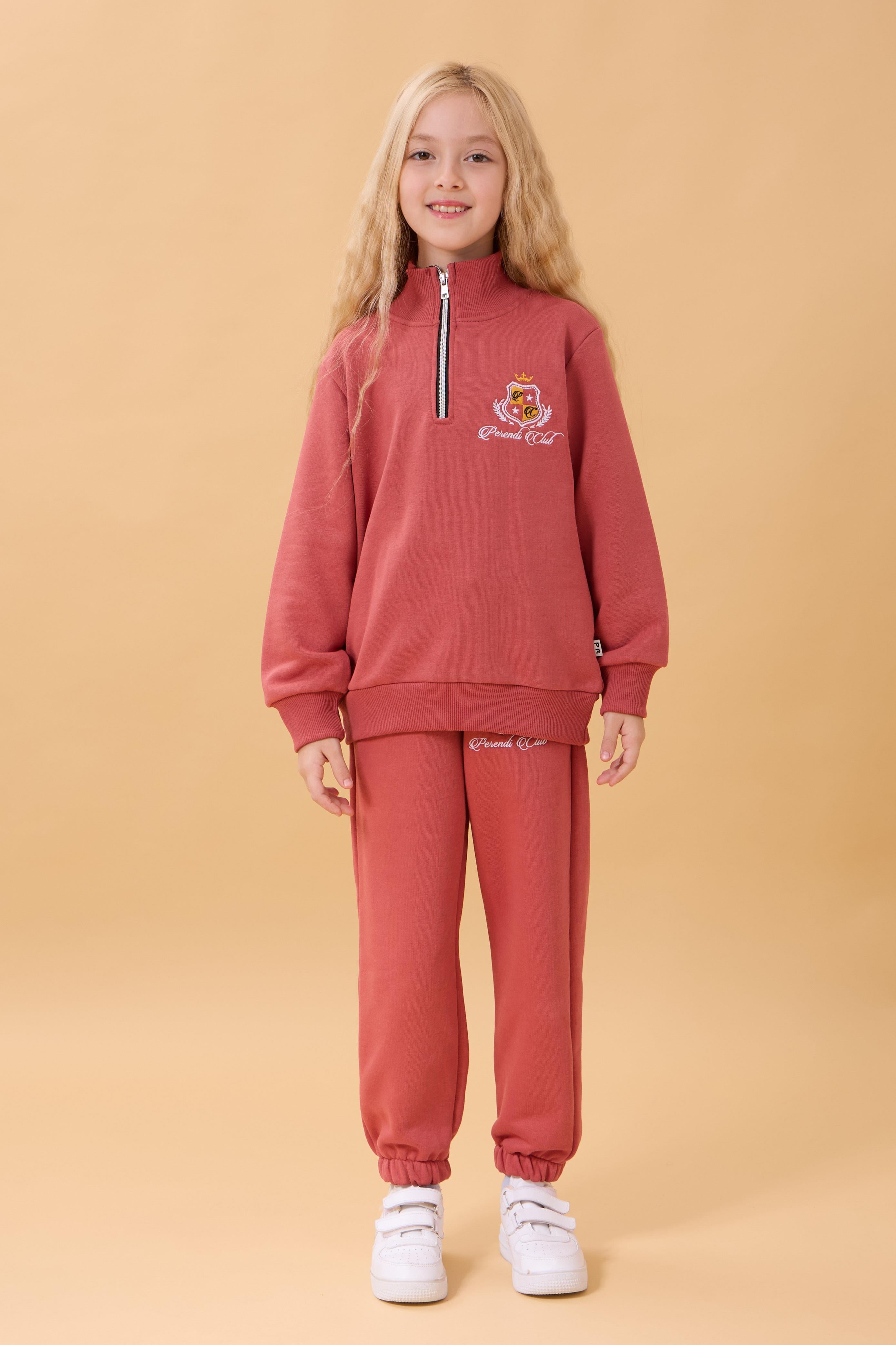 Kız Çocuk Yüksek Yaka Fermuarlı Nakış Detaylı Mevsimlik Eşofman Takımı