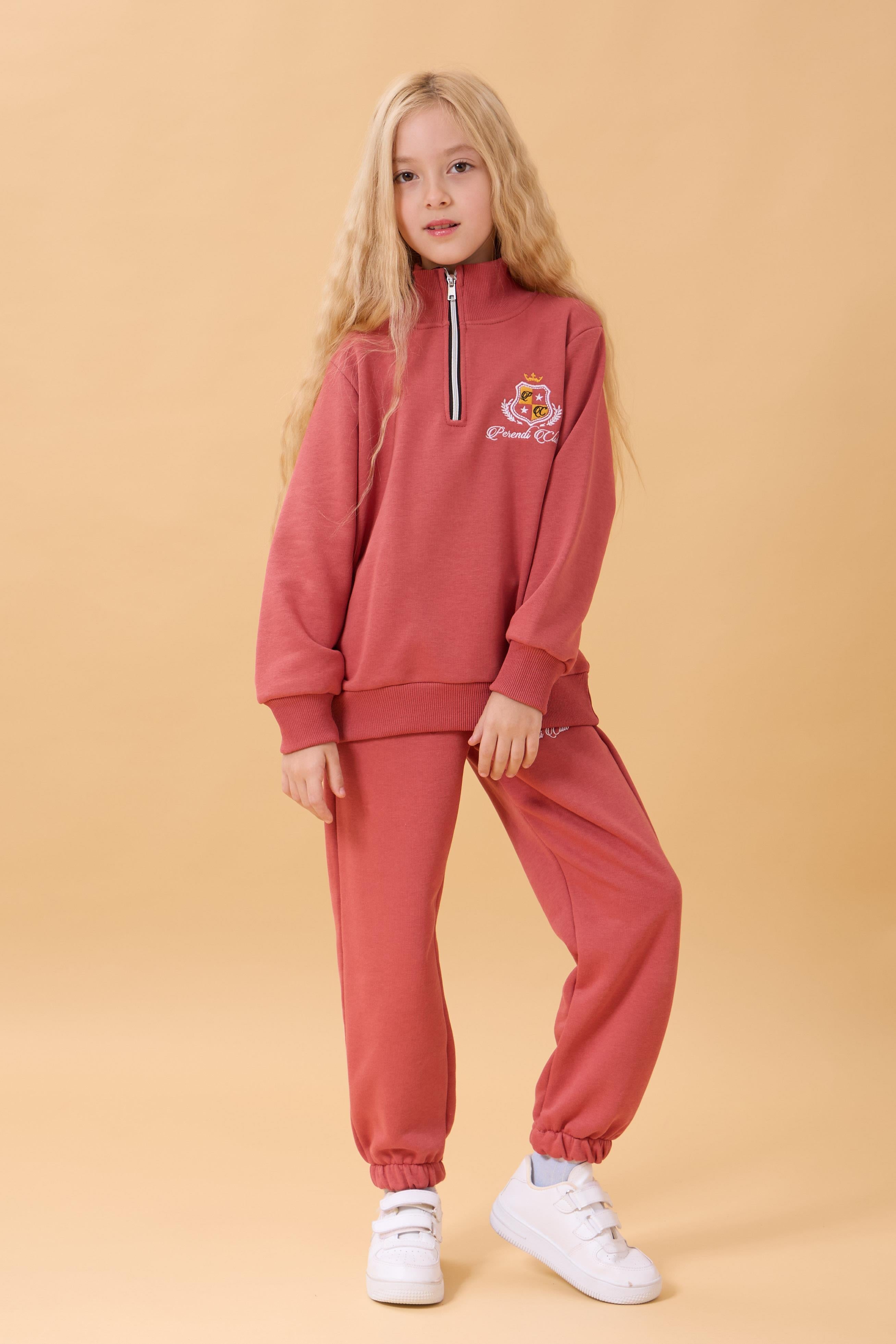 Kız Çocuk Yüksek Yaka Fermuarlı Nakış Detaylı Mevsimlik Eşofman Takımı