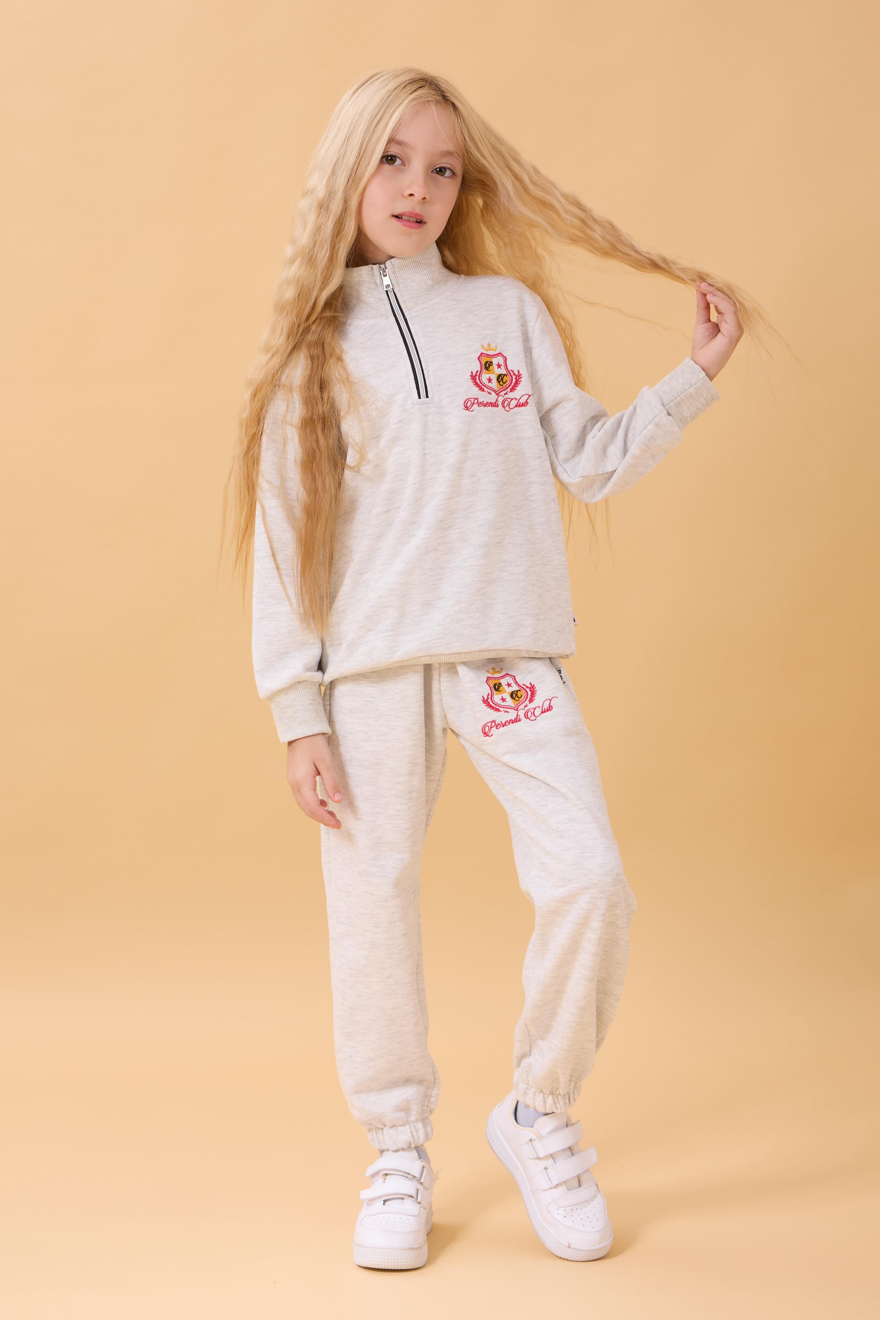 Kız Çocuk Yüksek Yaka Fermuarlı Nakış Detaylı Mevsimlik Eşofman Takımı Gri Melanj