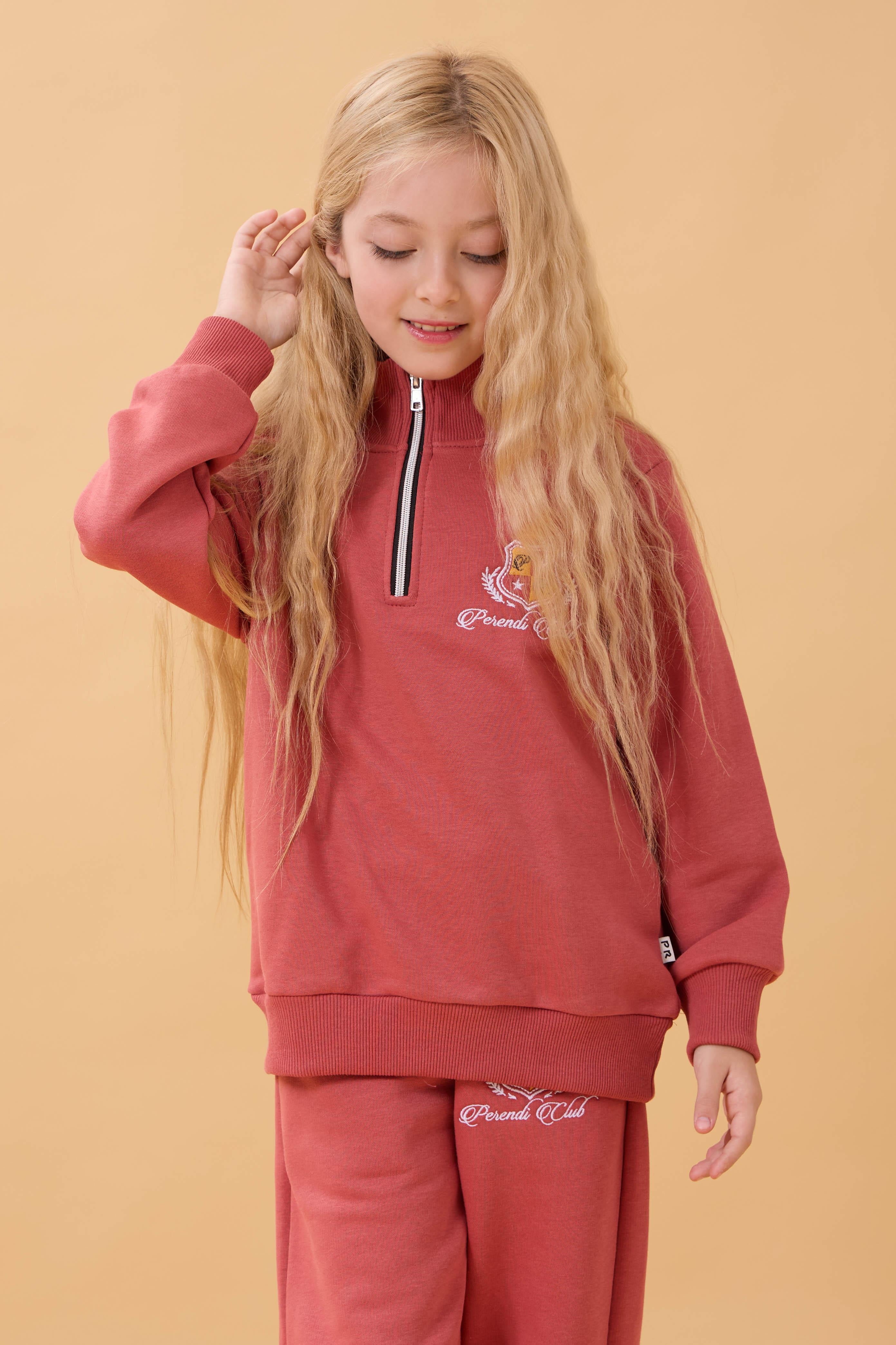 Kız Çocuk Yüksek Yaka Fermuarlı Nakış Detaylı Mevsimlik Eşofman Takımı Kiremit