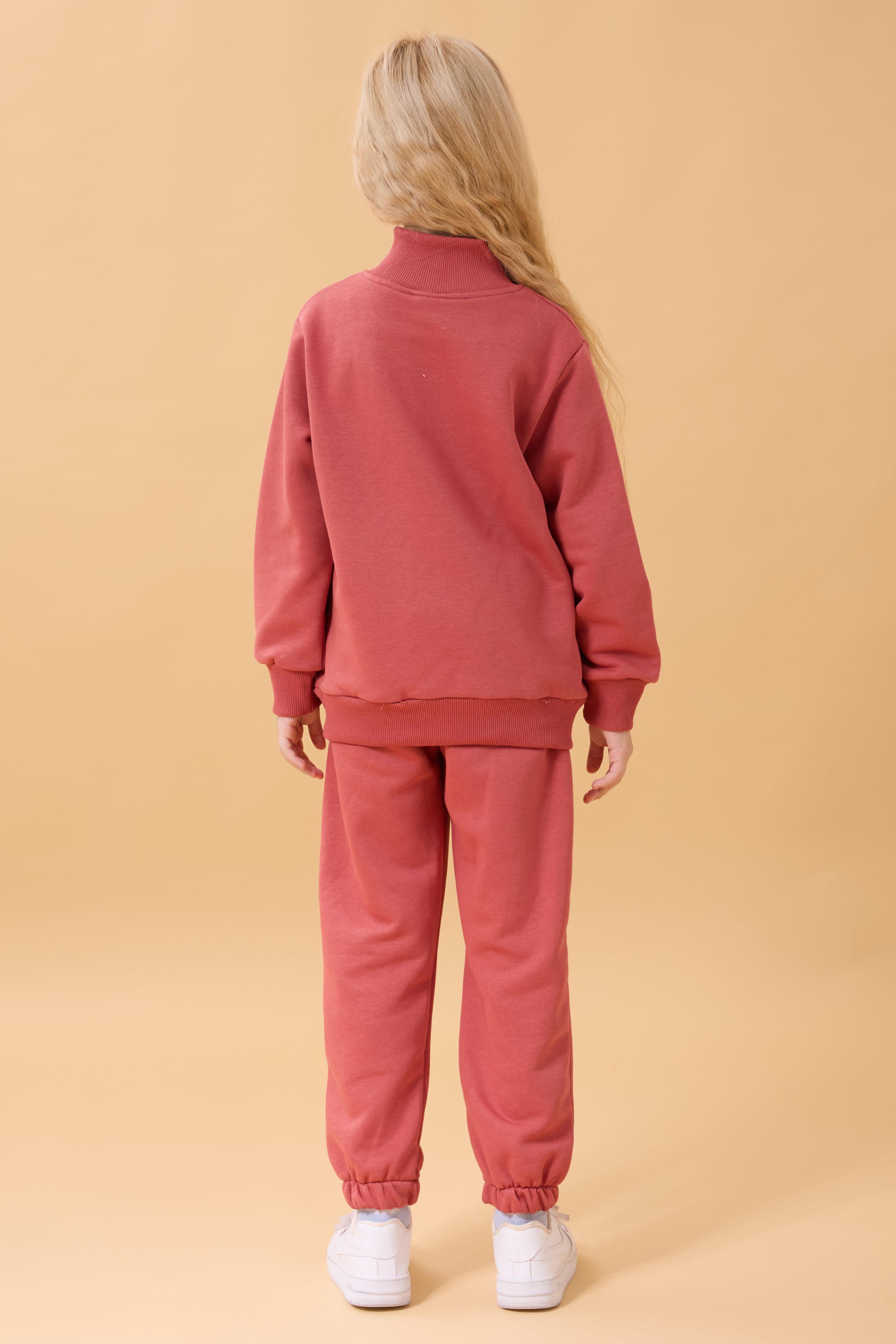 Kız Çocuk Yüksek Yaka Fermuarlı Nakış Detaylı Mevsimlik Eşofman Takımı Kiremit