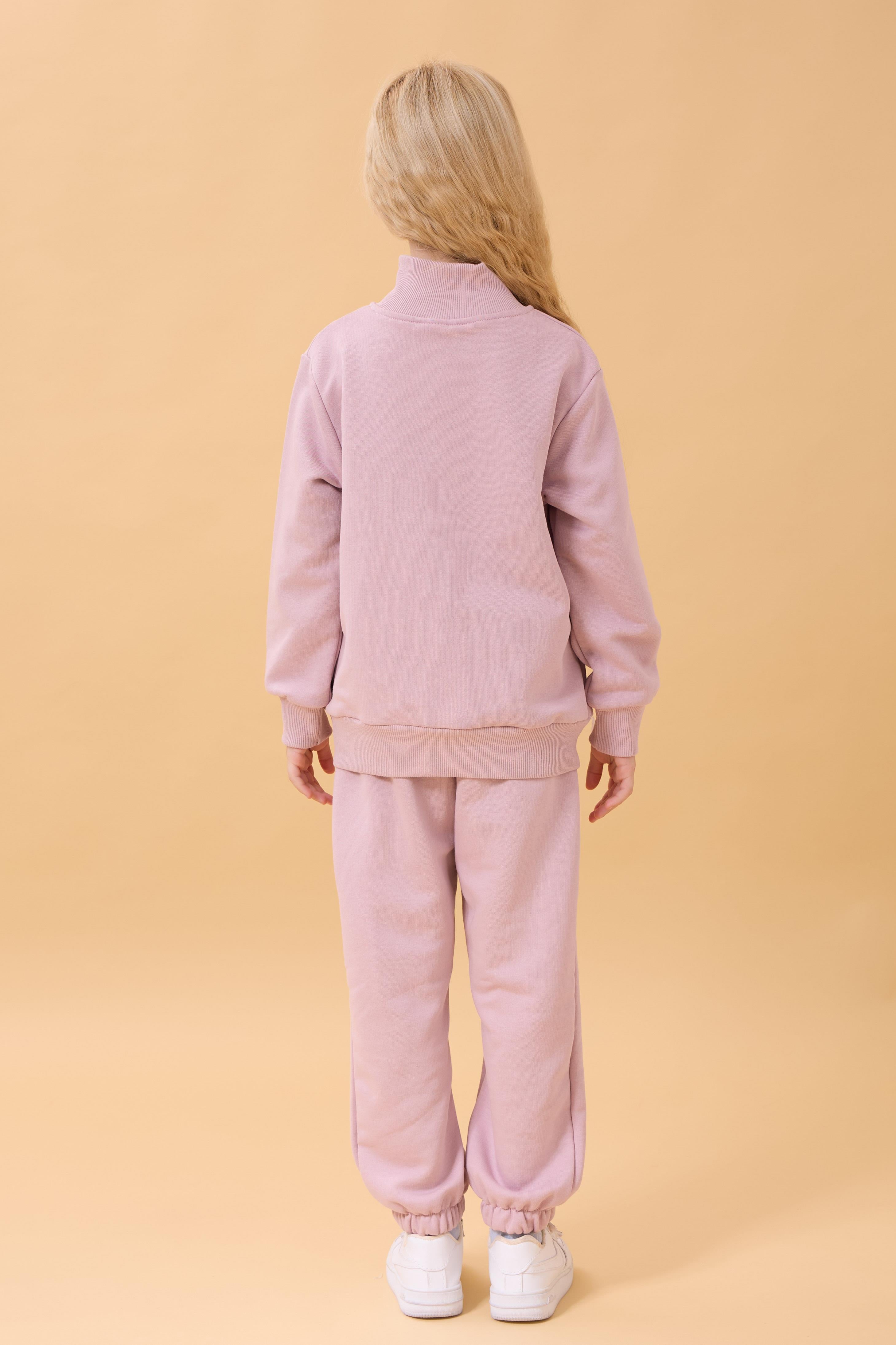Kız Çocuk Yüksek Yaka Fermuarlı Nakış Detaylı Mevsimlik Eşofman Takımı Lila
