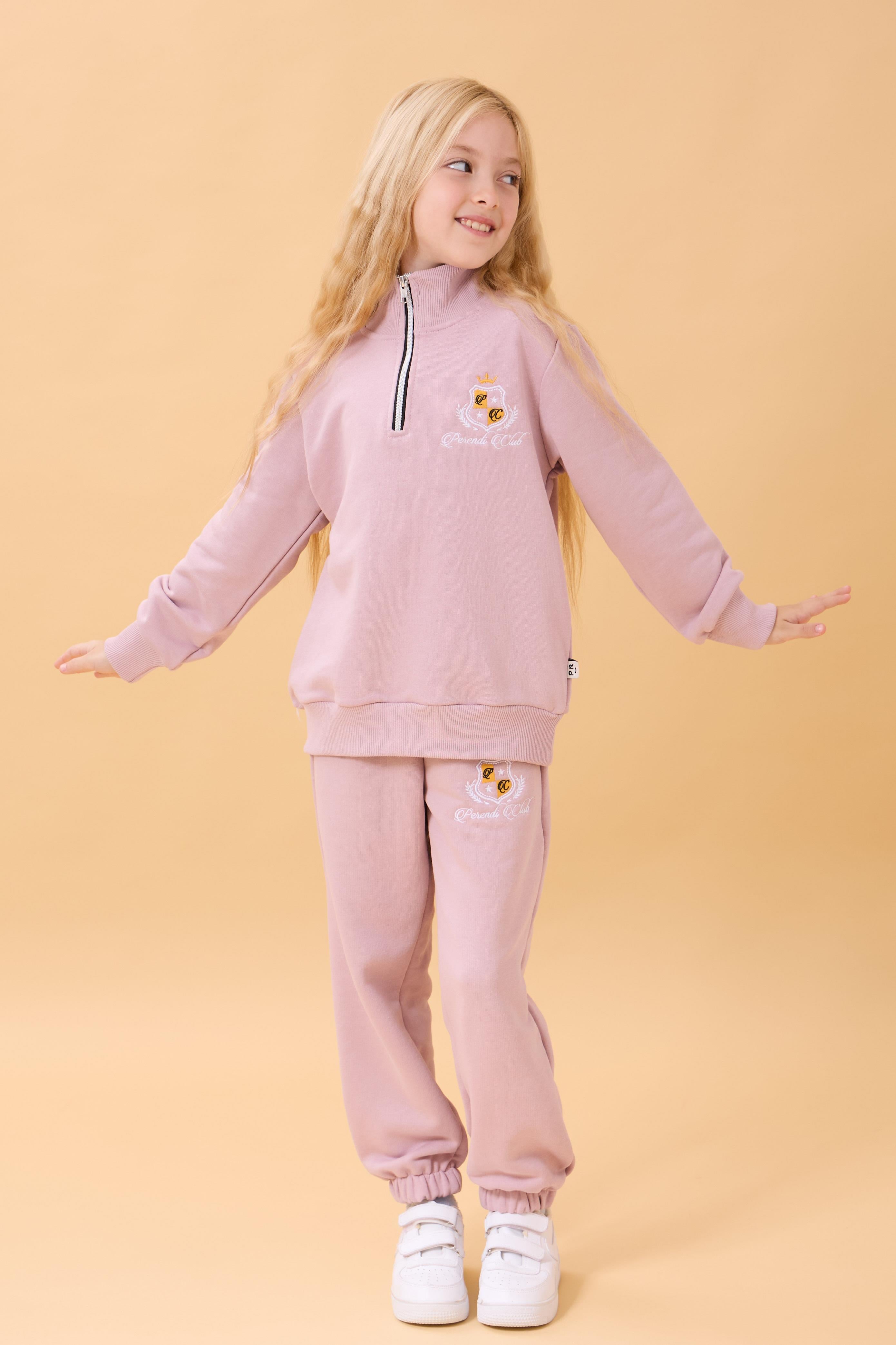 Kız Çocuk Yüksek Yaka Fermuarlı Nakış Detaylı Mevsimlik Eşofman Takımı Lila