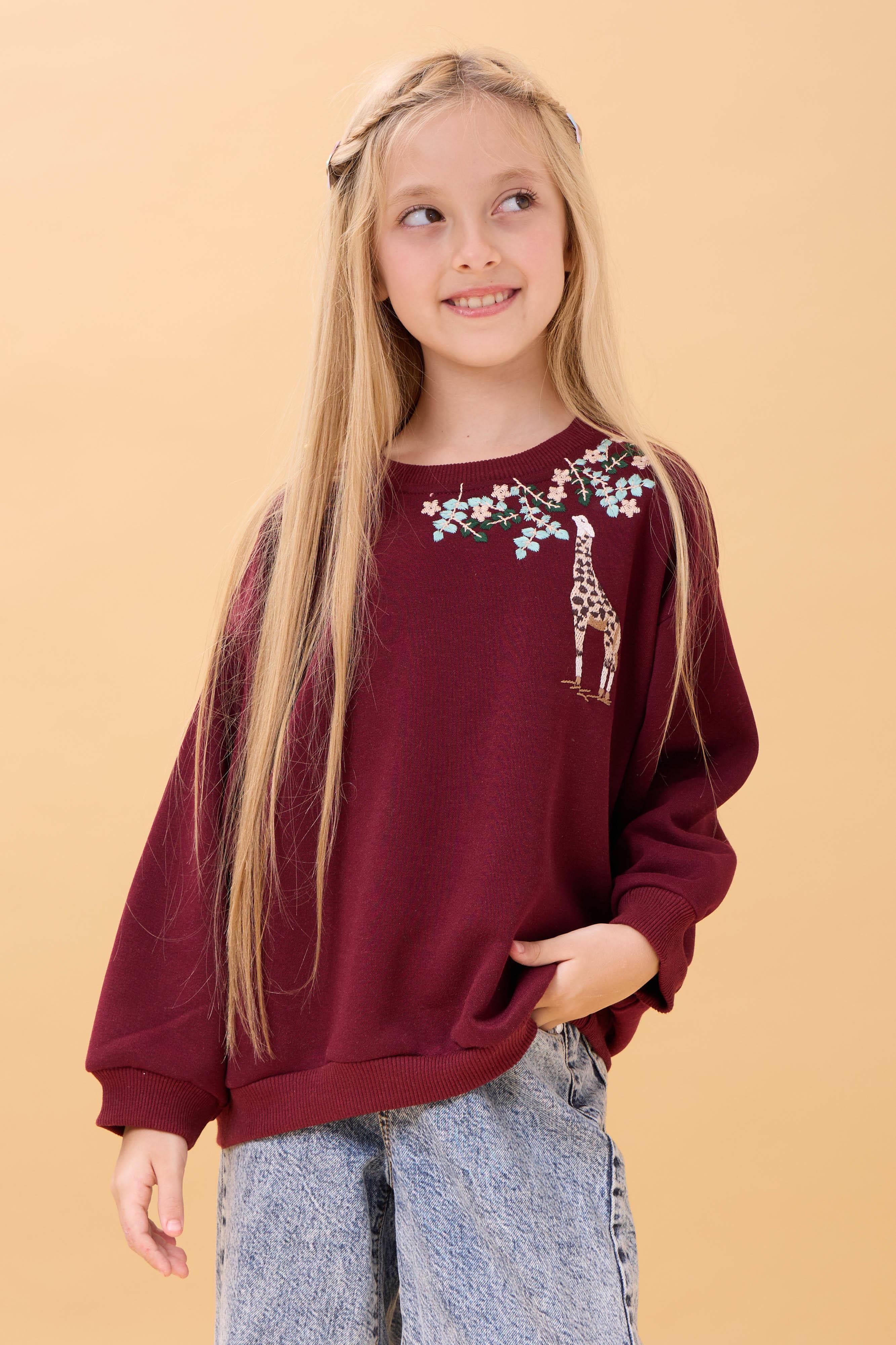 Kız Çocuk Zürafa Nakışlı Mevsimlik Oversize Sweatshirt – Bordo