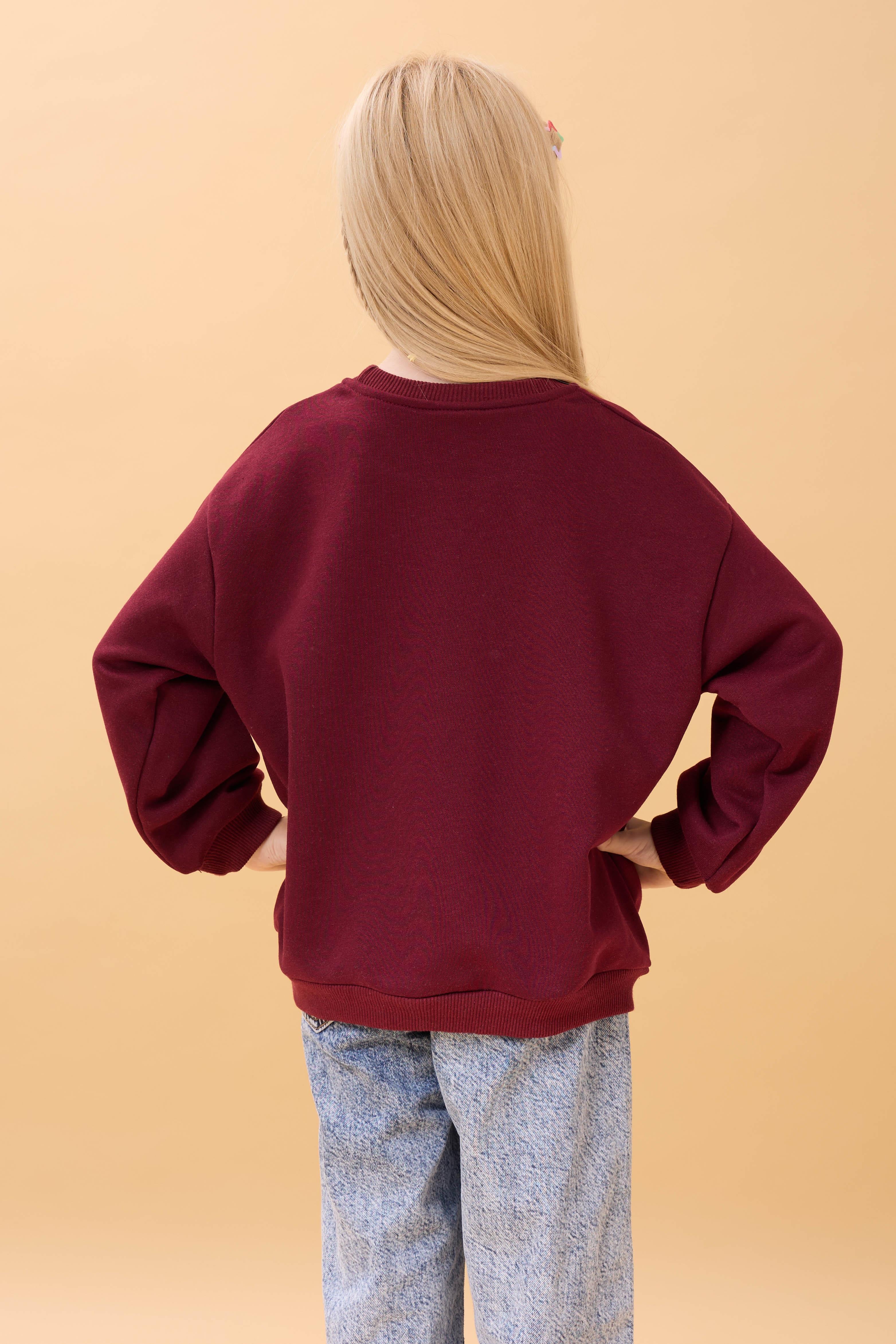 Kız Çocuk Zürafa Nakışlı Mevsimlik Oversize Sweatshirt – Bordo