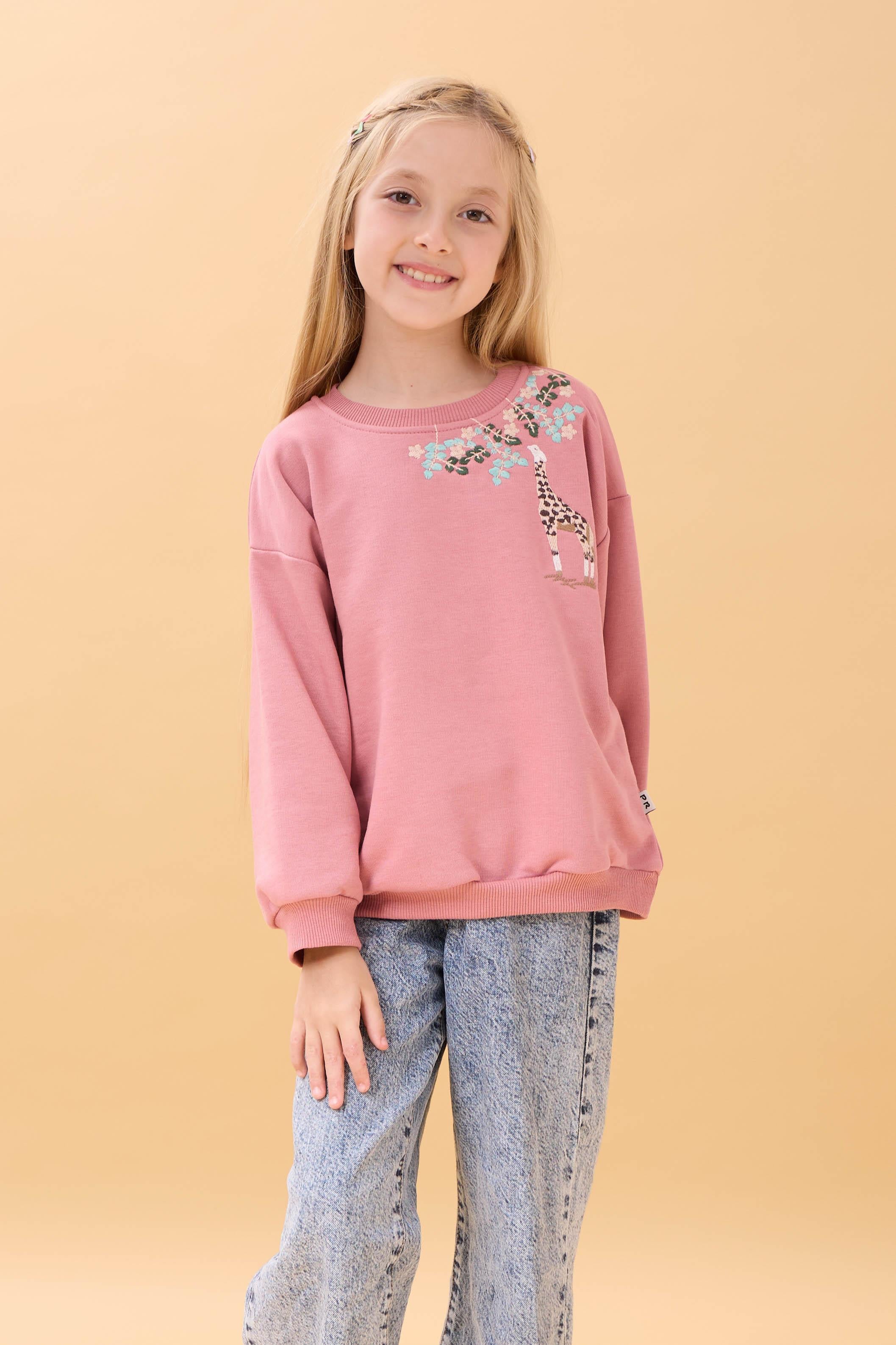Kız Çocuk Zürafa Nakışlı Mevsimlik Oversize Sweatshirt – Gül Kurusu