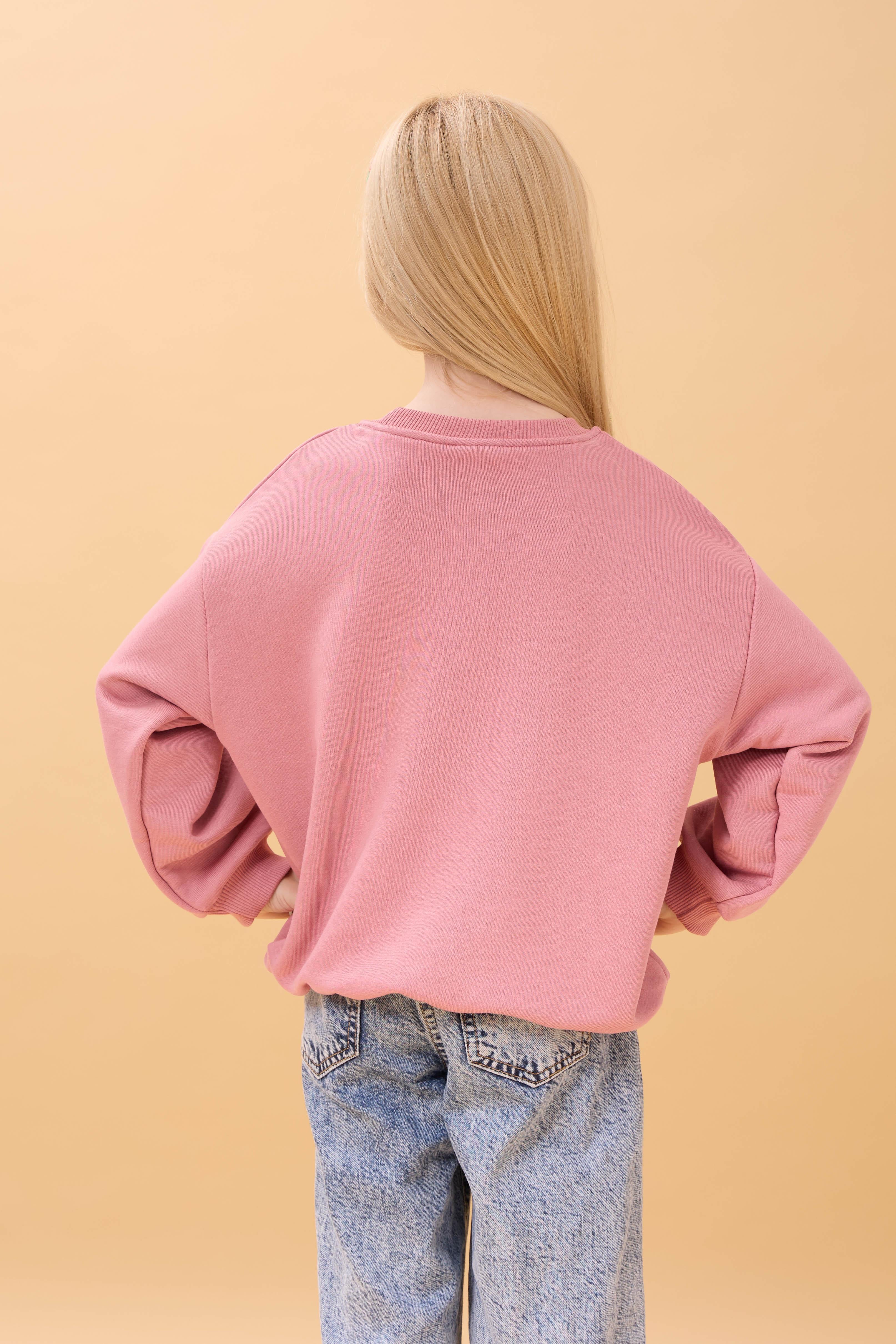 Kız Çocuk Zürafa Nakışlı Mevsimlik Oversize Sweatshirt – Gül Kurusu