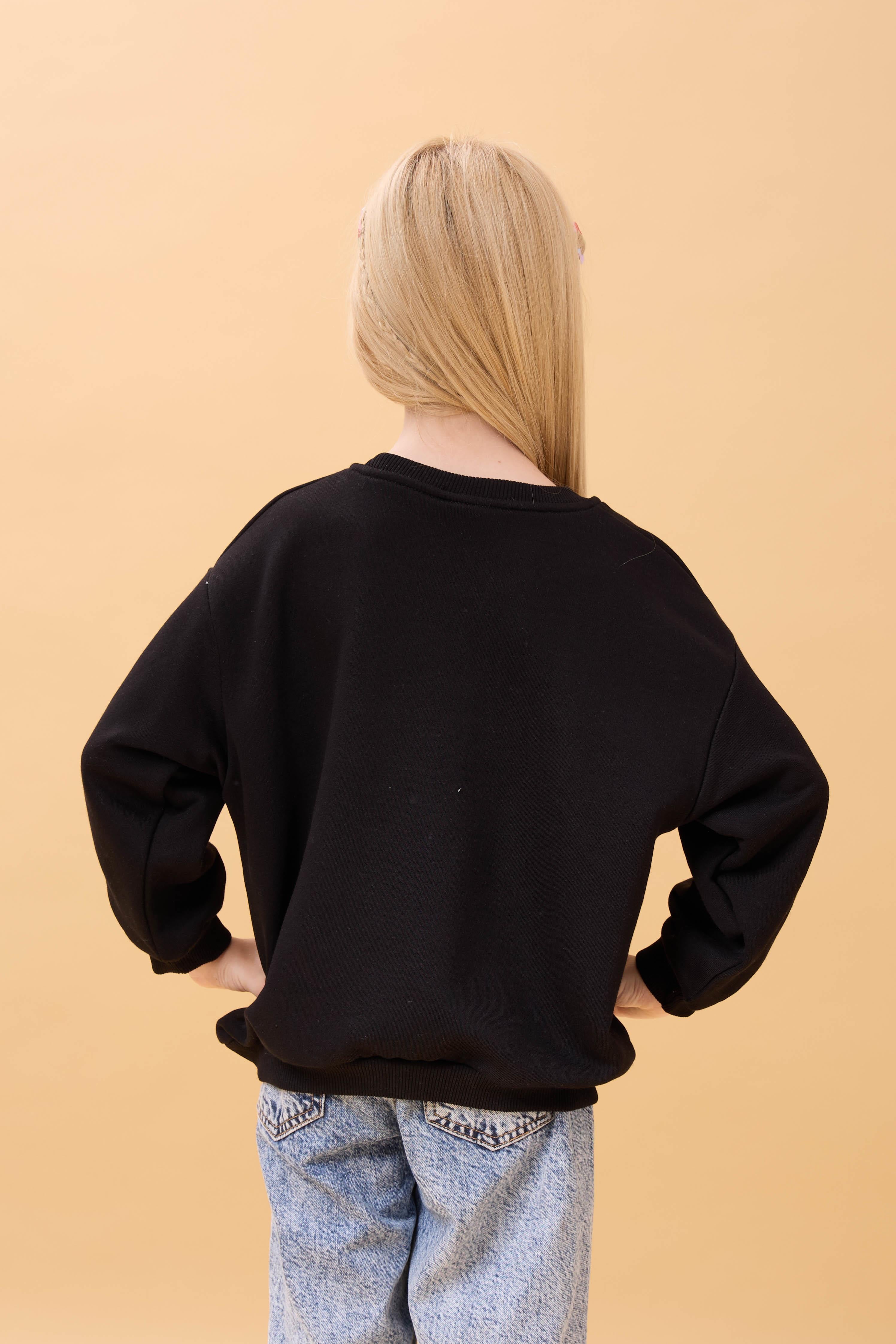 Kız Çocuk Zürafa Nakışlı Mevsimlik Oversize Sweatshirt – Siyah