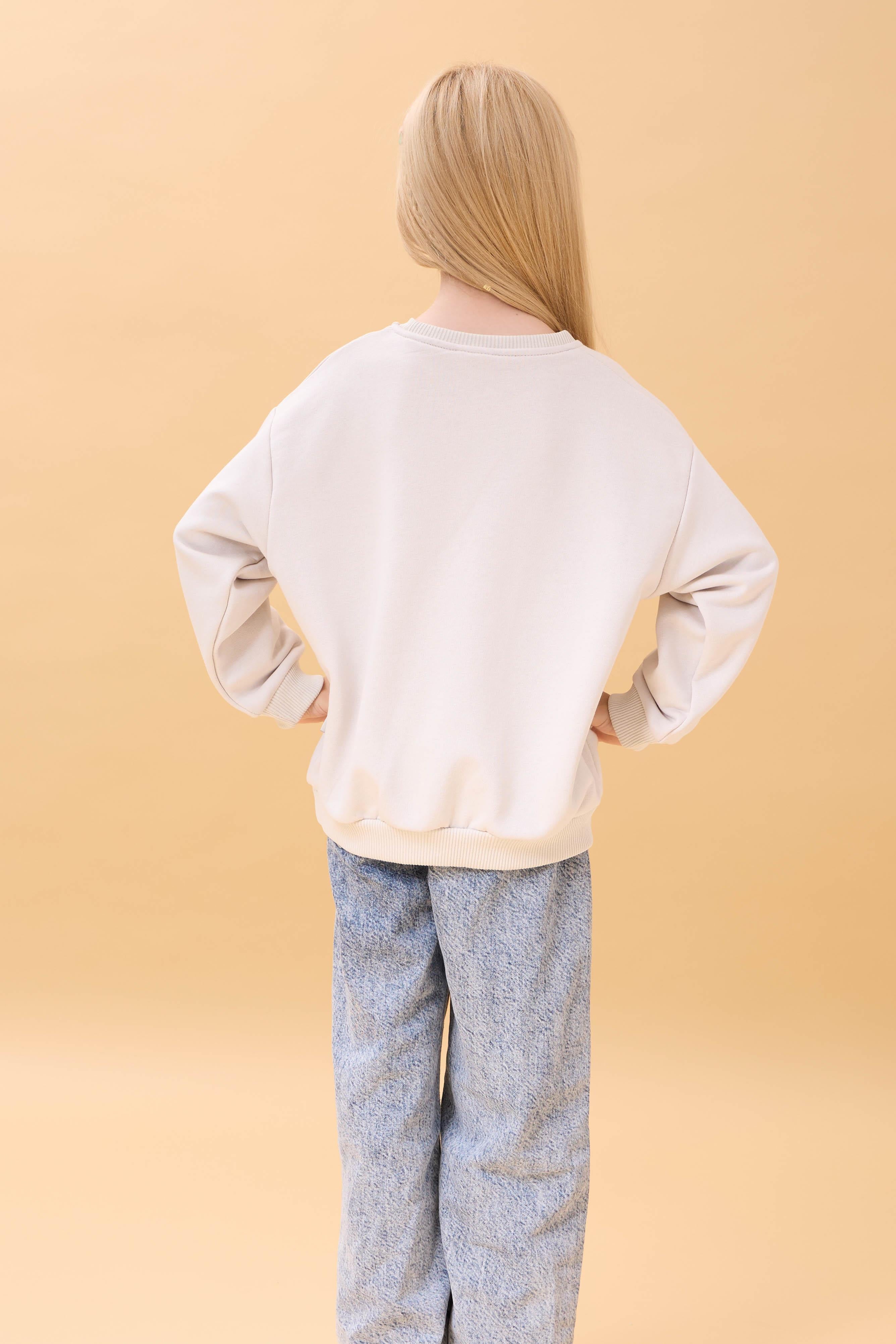 Kız Çocuk Zürafa Nakışlı Mevsimlik Oversize Sweatshirt – Taş