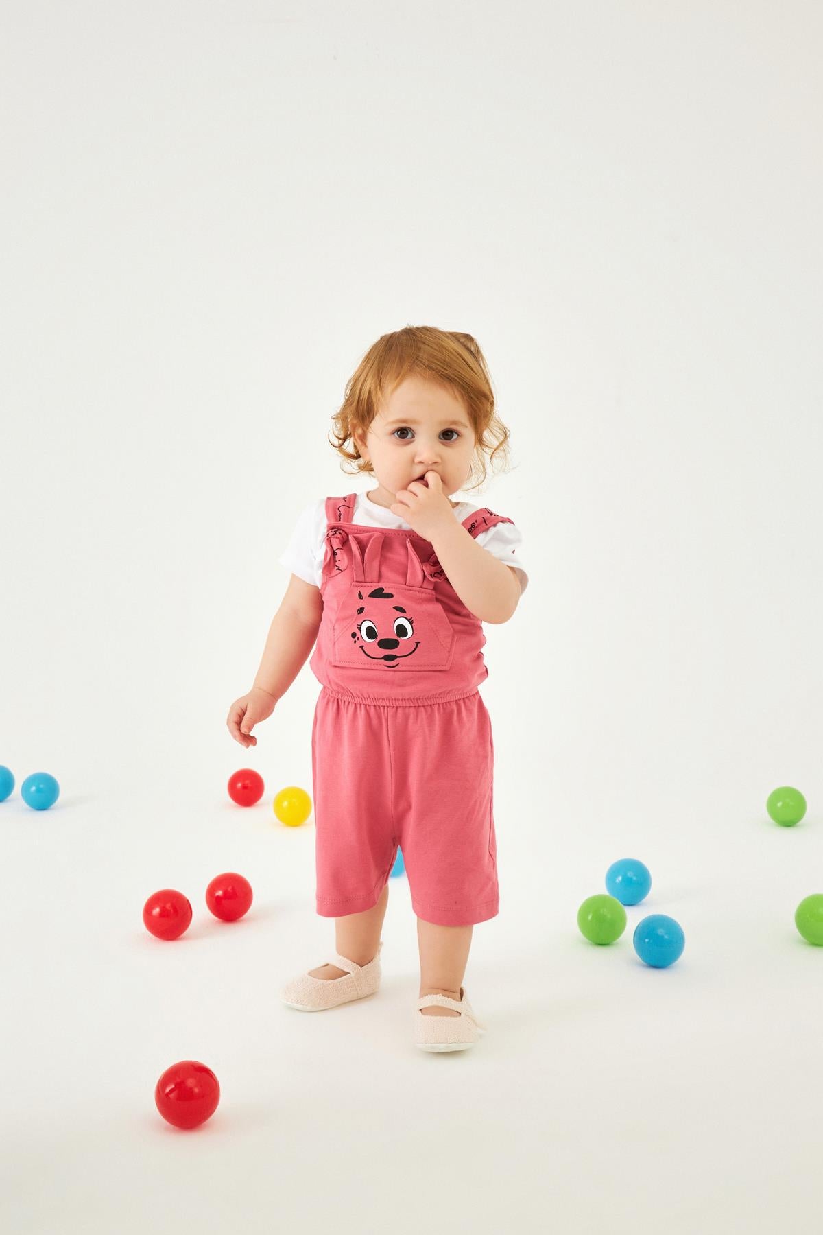 Köpekçik Baskılı Kulaklı Kanguru Cepli Kız Çocuk Tulum Gül Kurusu - Perendi