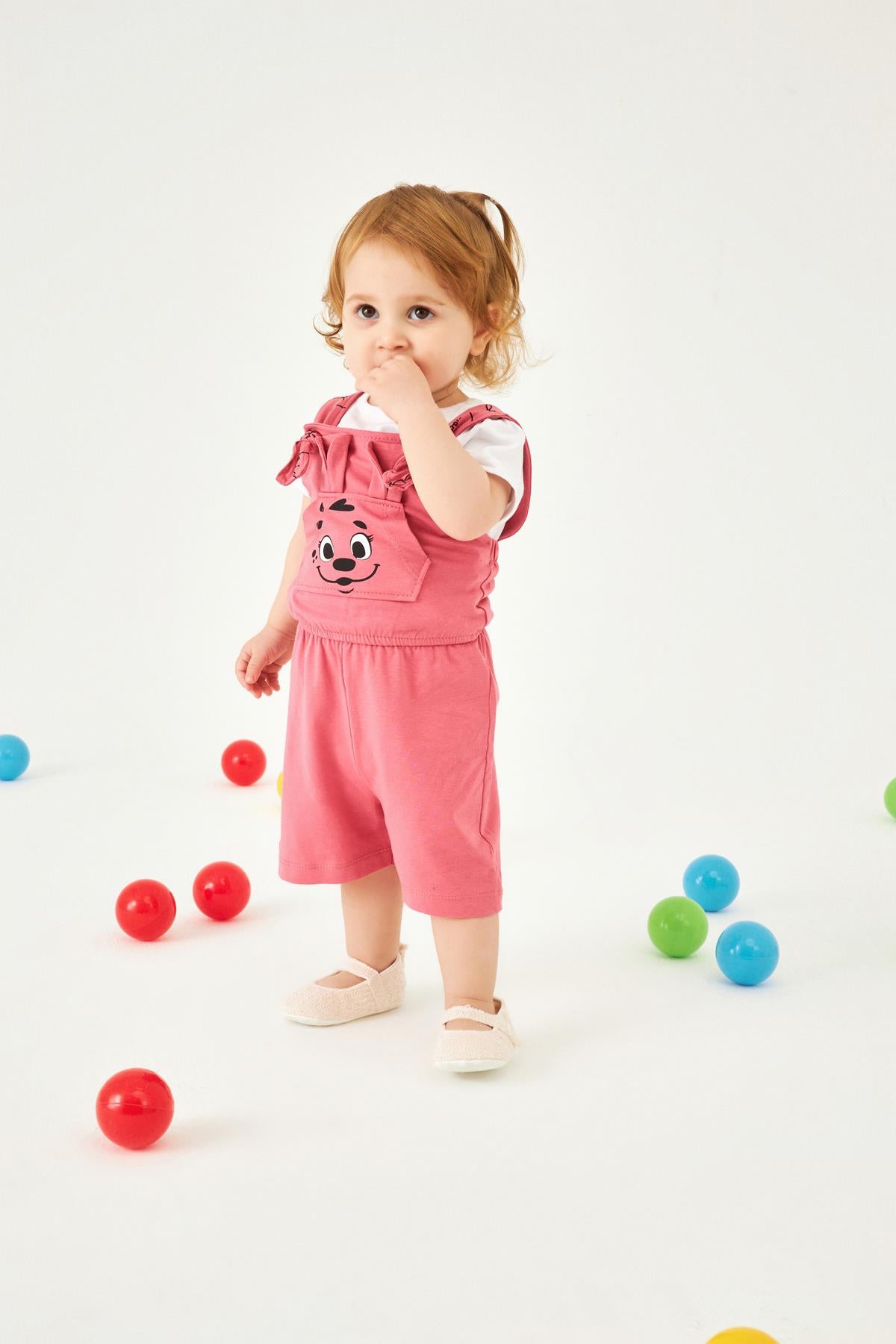 Köpekçik Baskılı Kulaklı Kanguru Cepli Kız Çocuk Tulum Gül Kurusu - Perendi