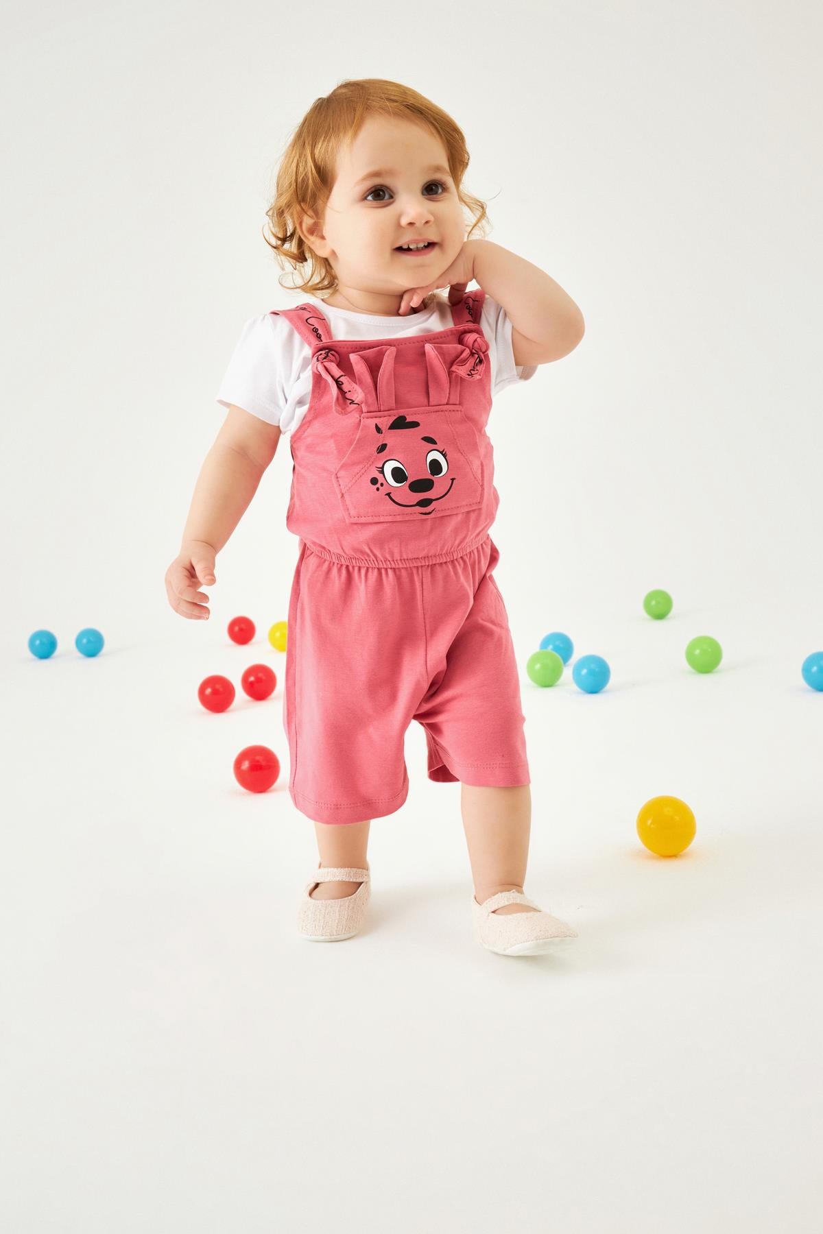 Köpekçik Baskılı Kulaklı Kanguru Cepli Kız Çocuk Tulum Gül Kurusu - Perendi