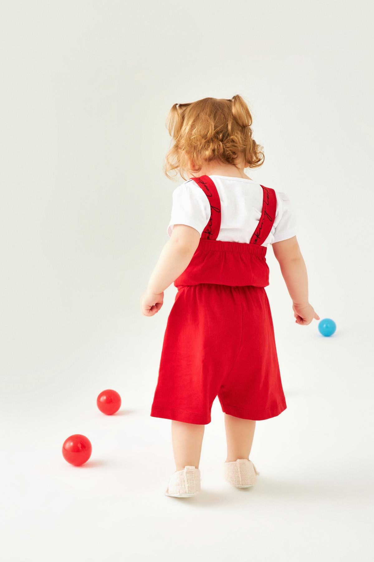 Köpekçik Baskılı Kulaklı Kanguru Cepli Kız Çocuk Tulum Kırmızı - Perendi