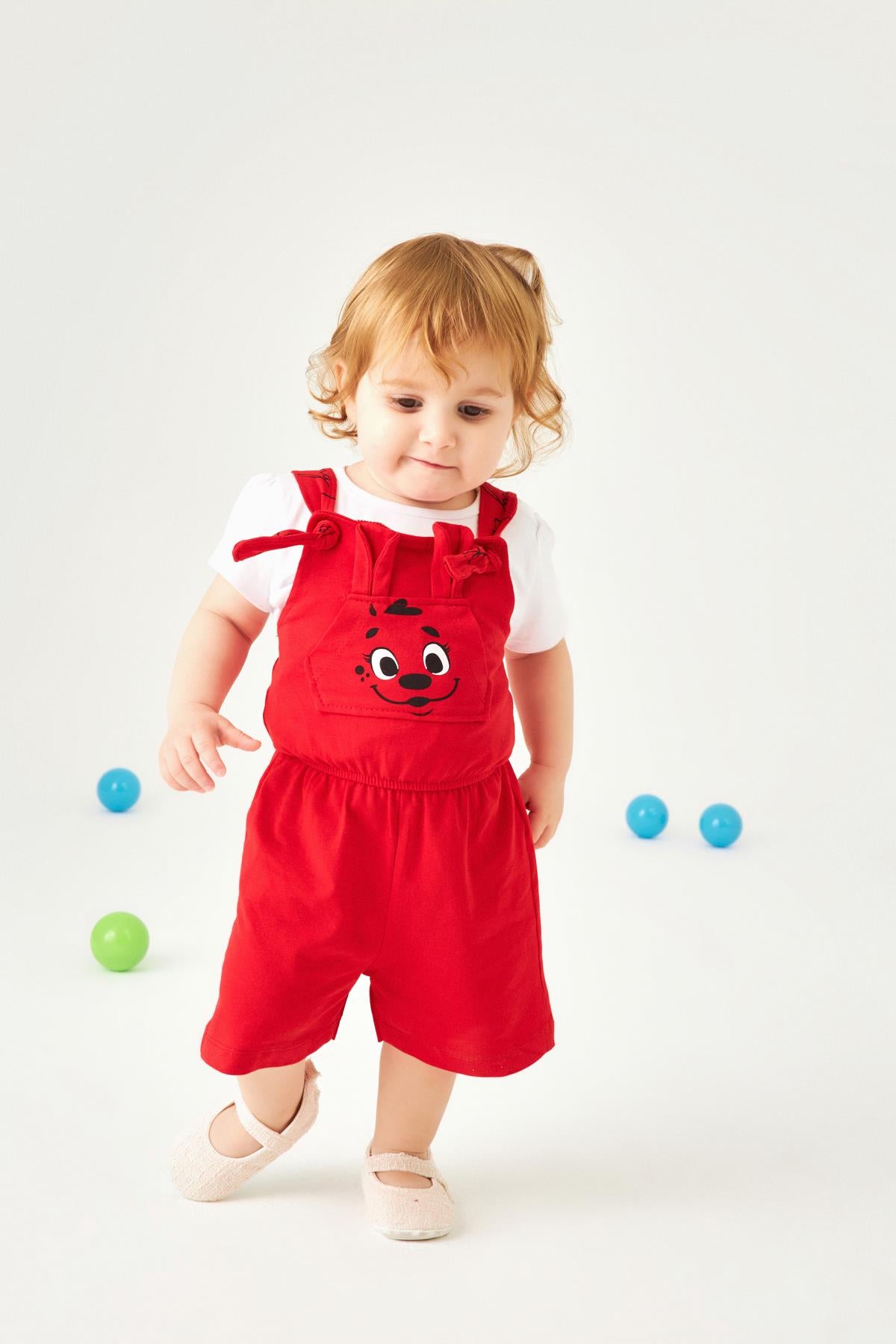 Köpekçik Baskılı Kulaklı Kanguru Cepli Kız Çocuk Tulum Kırmızı - Perendi